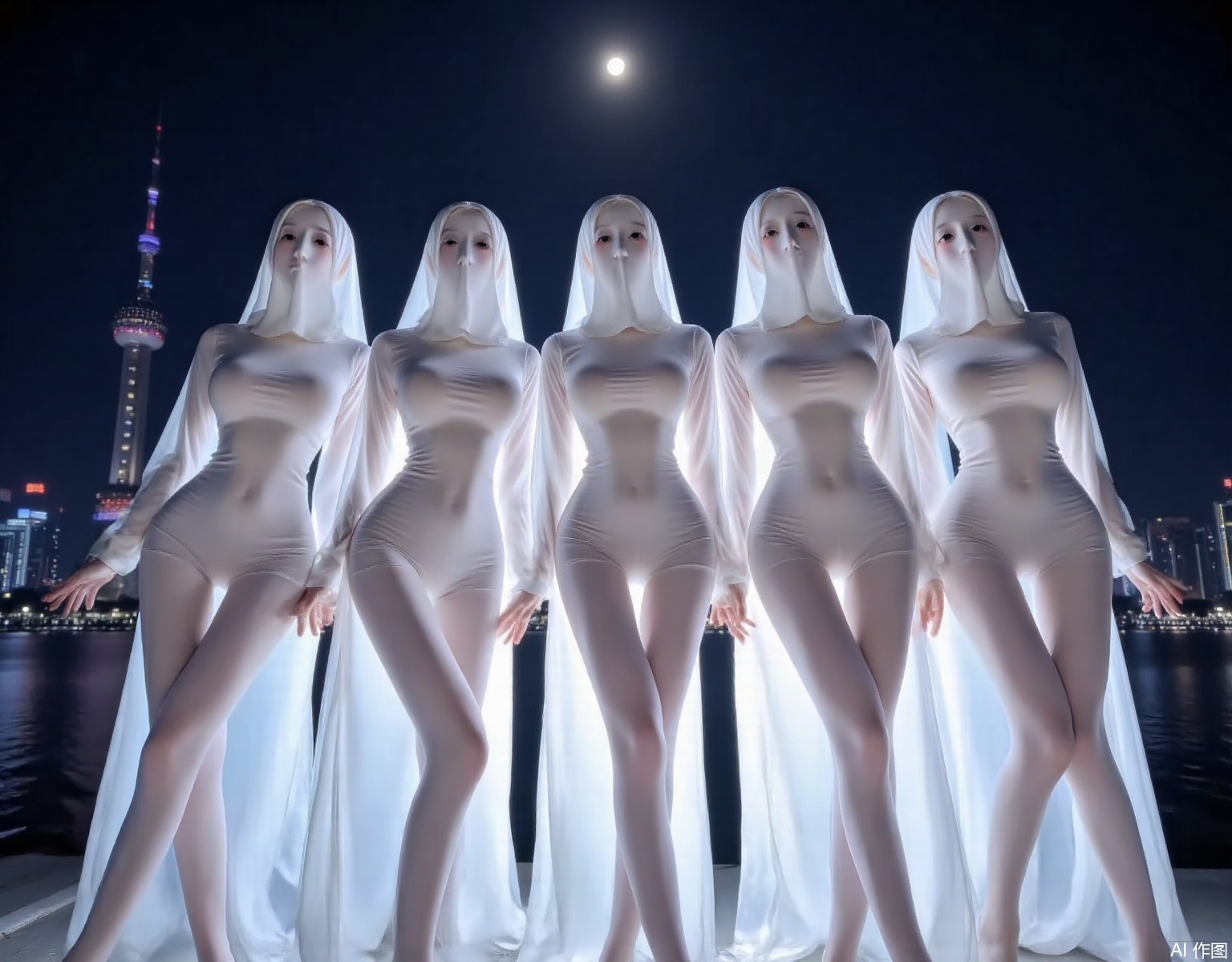  Ultra high definition, 8K, super fine,Five girls lined up in a row,Posing, a tight-fitting pearl white dress,Wearing a white ghost mask,Don't show the facial contour, long legs, slender waist, looking at the audience, full body, standing pose,At night, by the Huangpu River in Shanghai, with the Oriental Pearl Tower and other buildings as the backdrop,A big round moon,Backlight,YLN,shiny pantyhose
