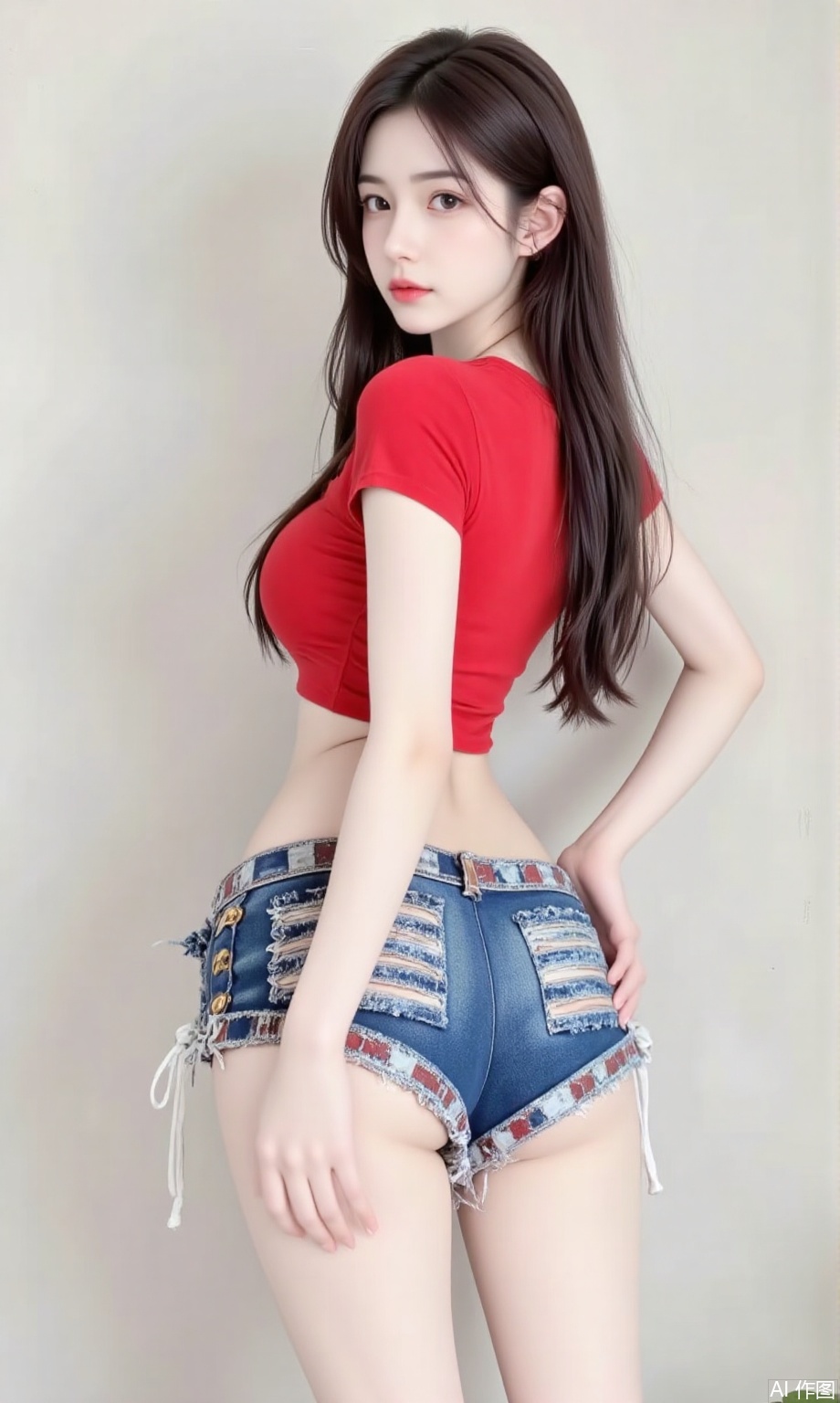 1girl,long hair,Red ultra-short shirt,,full body,dnz,Ultra short jeans,Free movement,bs,ass,back turned,Hold the wall with both hands,
