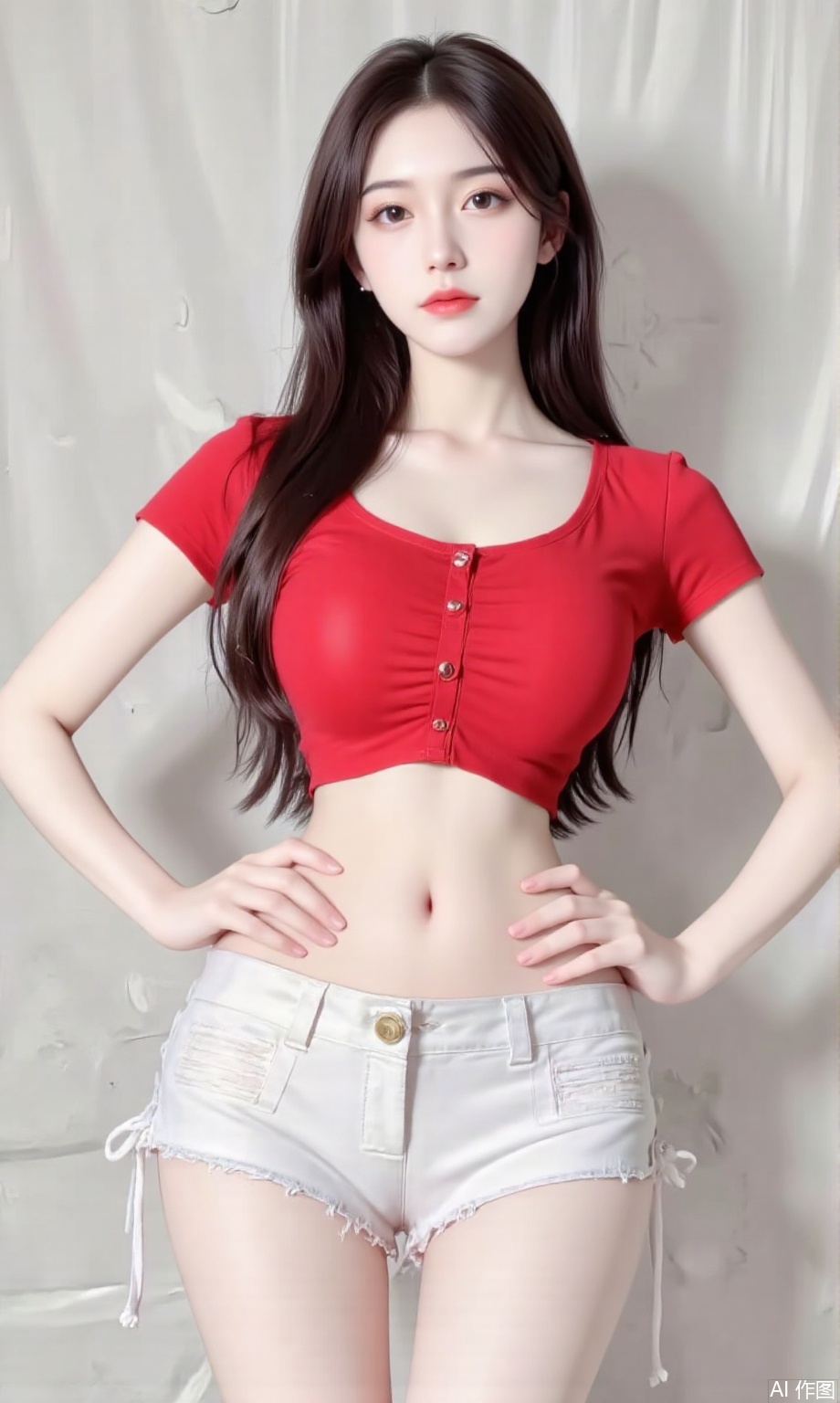 1girl,long hair,Red ultra-short shirt,,hands on hips,full body,dnz,Ultra short jeans,Free movement,bs,ass