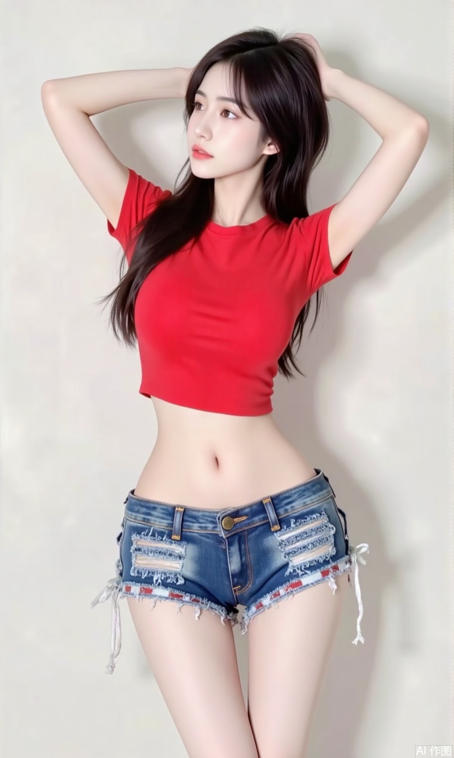 1girl,long hair,Red ultra-short shirt,,full body,dnz,Ultra short jeans,Free movement,bs,ass,back turned,Hold the wall with both hands,