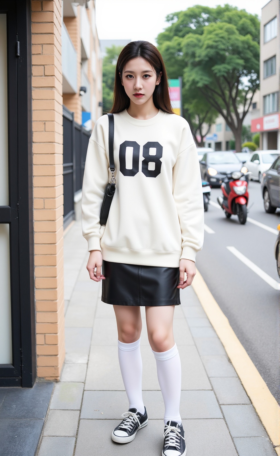 The image shows a person standing on a sidewalk next to a building. The individual is wearing a large white sweatshirt wit...