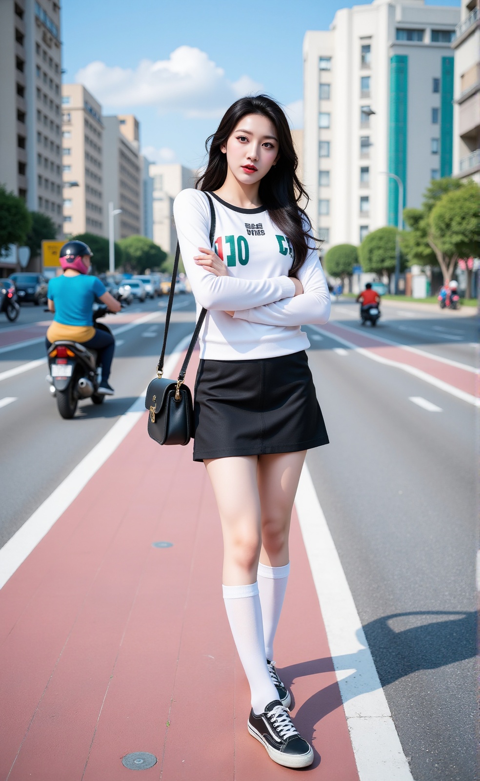 A young woman poses on a street with an urban atmosphere,  sporting a long-sleeved shirt and miniskirt,  showcasing her ur...