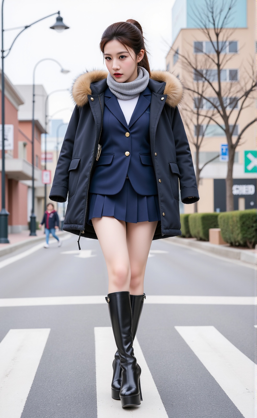 The image shows a young woman standing outdoors on a city street. She is dressed in a school uniform consisting of a navy...