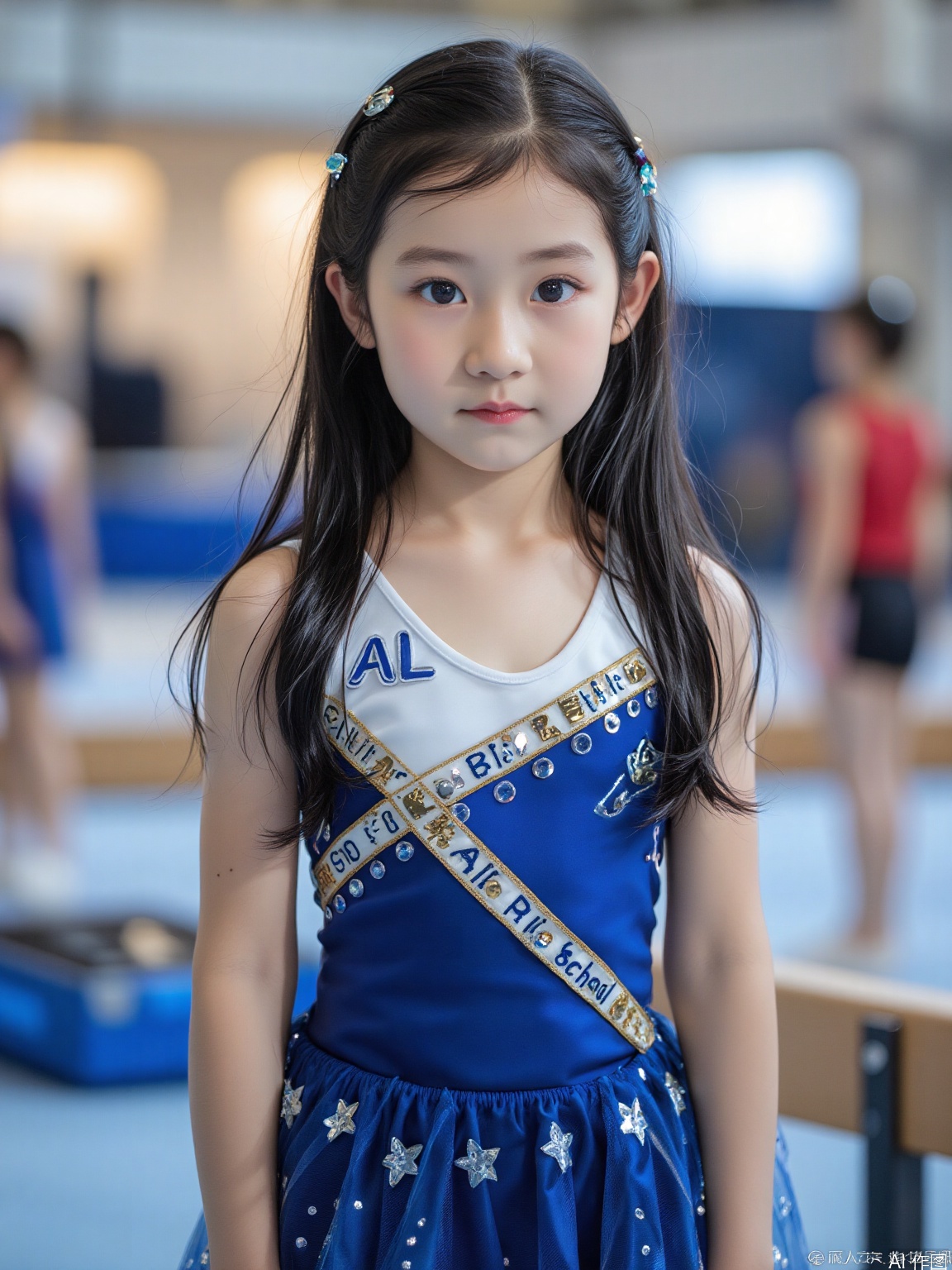 A young woman with long black hair, striking blue eyes, and distinct mixed race facial features is wearing a tight blue and white dress that tightly wraps around her plump body, adorned with shiny decorative details. Her breasts are particularly full, and her gymnastics uniform reads' Al Girls' High School '. She stood in the gymnastics hall, with a balance beam visible in the foreground, and other people in the background were slightly unclear. Aperture of f/2.8 is used for shallow depth of field to highlight the subject, shutter speed of 1/250s is used for capturing moments, ISO 400 is used for optimal indoor lighting balance, 85mm focal length is used for ideal portrait perspective, and a fixed focus lens is used for sharpness. In aperture priority mode, automatic white balance is used to adapt to indoor lighting, with a single point focusing on the subject's face