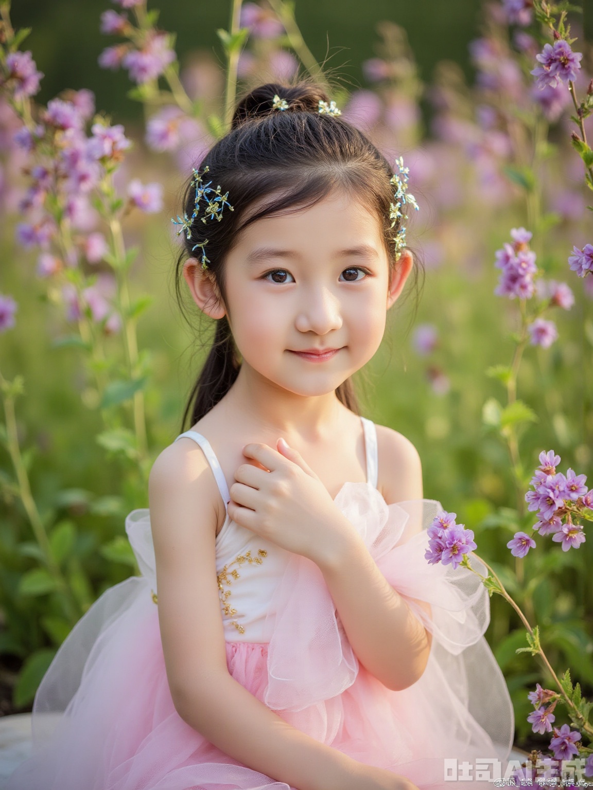 Scene: The secret garden in a summer afternoon, the pink and purple crape myrtle flowers fall like a star rain, and the sunlight leaking between the petals condenses into golden silk threads, shading the air into honey. The green background is hazy water in the high temperature, like undry watercolors, creating a surreal and dreamy atmosphere. Character: The little girl with a single ponytail, her hair is covered with gold powder by the sun, and the blue vermicelli stripes of her hair accessories turn into a flowing rainbow in the light and shadow. The light pink mesh skirt wraps the body like a cloud, and the sequins tremble slightly with breathing, as if they are hiding the tiny starlight. She relies on flowers, her side face is softened by petals, her eyes are clear ponds without dust, and the smile on the corners of her mouth is filled with gentle arcs, weaving the poetry of innocence and nature. Atmosphere: Reconstruct reality with surreal light and shadow, making childhood a glowing dream, and every wisp of air flows with quiet romance. Parameters: 8K resolution, f/1.8 large aperture, shutter speed 1/500s freeze light and shadow tremor, ISO 800 enhances the graininess of the film, uses a 50mm lens to close to the child's perspective, adds 30% golden highlights to simulate the sun's penetration, and adds a 20% watercolor smudge filter to allow the background and the edges of the characters to naturally melt. If you want to adjust the artistic style (such as dark fairy tales, retro oil paintings), or strengthen certain types of light and shadow elements, you can supplement your needs at any time~

