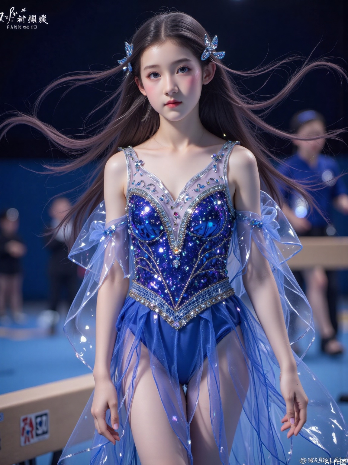 A young woman with long black hair, striking blue eyes, and distinct mixed race facial features is wearing a tight blue and white dress that tightly wraps around her plump body, adorned with shiny decorative details. Her breasts are particularly full, and her gymnastics uniform reads' Al Girls' High School '. She stood in the gymnastics hall, with a balance beam visible in the foreground, and other people in the background were slightly unclear. Aperture of f/2.8 is used for shallow depth of field to highlight the subject, shutter speed of 1/250s is used for capturing moments, ISO 400 is used for optimal indoor lighting balance, 85mm focal length is used for ideal portrait perspective, and a fixed focus lens is used for sharpness. In aperture priority mode, automatic white balance is used to adapt to indoor lighting, with a single point focusing on the subject's face