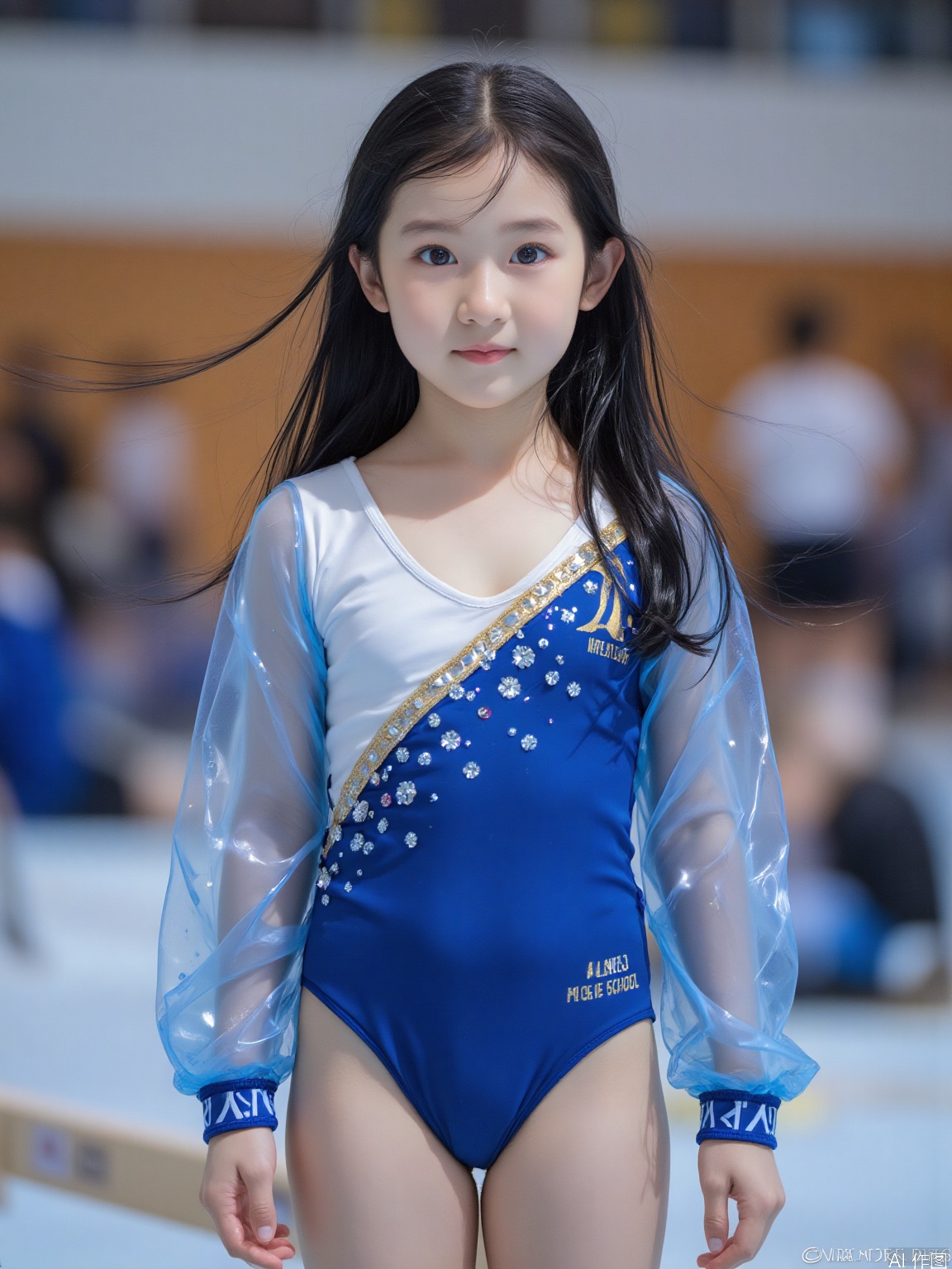 A young woman with long black hair, striking blue eyes, and distinct mixed race facial features is wearing a tight blue and white dress that tightly wraps around her plump body, adorned with shiny decorative details. Her breasts are particularly full, and her gymnastics uniform reads' Al Girls' High School '. She stood in the gymnastics hall, with a balance beam visible in the foreground, and other people in the background were slightly unclear. Aperture of f/2.8 is used for shallow depth of field to highlight the subject, shutter speed of 1/250s is used for capturing moments, ISO 400 is used for optimal indoor lighting balance, 85mm focal length is used for ideal portrait perspective, and a fixed focus lens is used for sharpness. In aperture priority mode, automatic white balance is used to adapt to indoor lighting, with a single point focusing on the subject's face