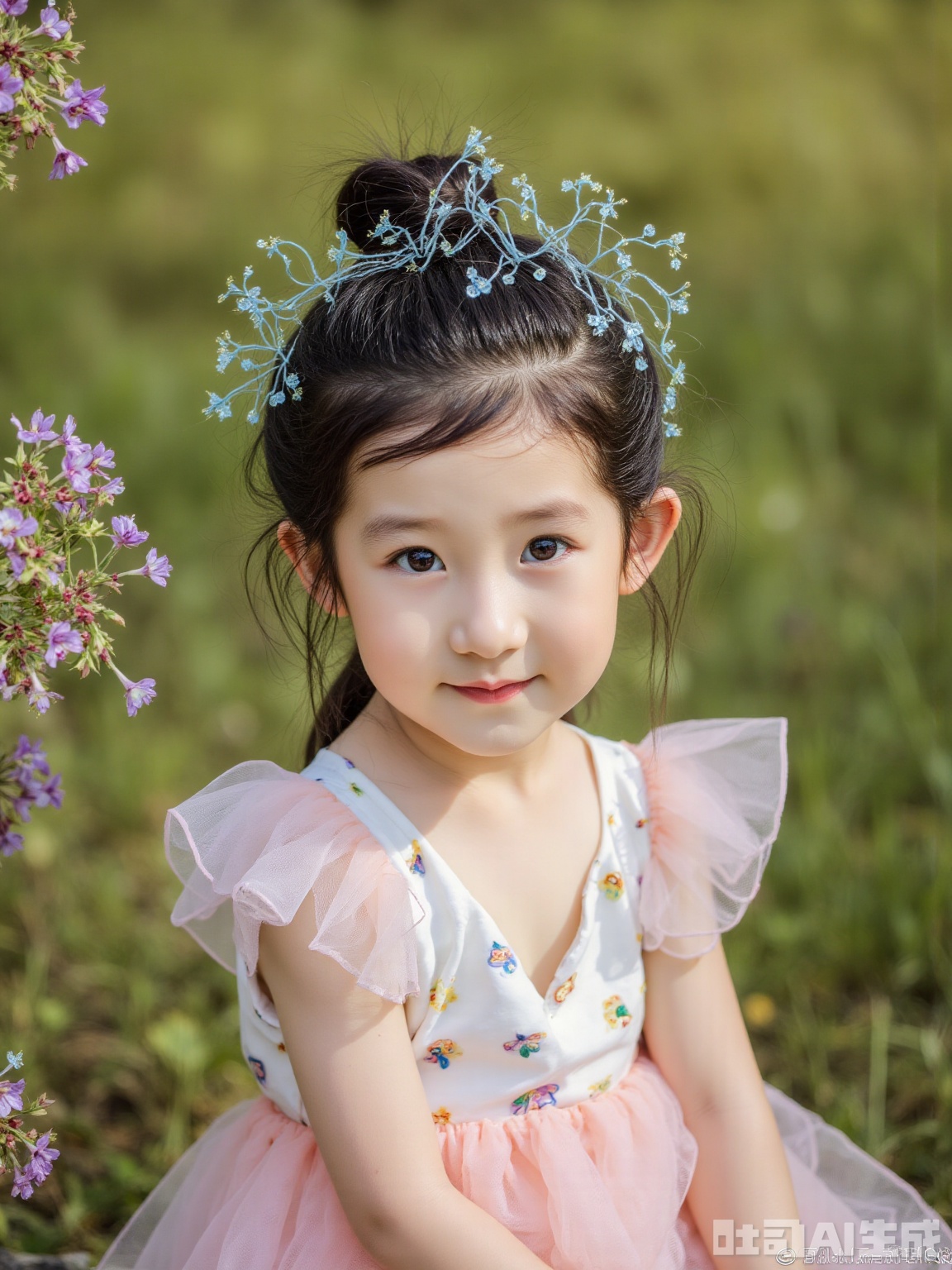 Scene: The secret garden in a summer afternoon, the pink and purple crape myrtle flowers fall like a star rain, and the sunlight leaking between the petals condenses into golden silk threads, shading the air into honey. The green background is hazy water in the high temperature, like undry watercolors, creating a surreal and dreamy atmosphere. Character: The little girl with a single ponytail, her hair is covered with gold powder by the sun, and the blue vermicelli stripes of her hair accessories turn into a flowing rainbow in the light and shadow. The light pink mesh skirt wraps the body like a cloud, and the sequins tremble slightly with breathing, as if they are hiding the tiny starlight. She relies on flowers, her side face is softened by petals, her eyes are clear ponds without dust, and the smile on the corners of her mouth is filled with gentle arcs, weaving the poetry of innocence and nature. Atmosphere: Reconstruct reality with surreal light and shadow, making childhood a glowing dream, and every wisp of air flows with quiet romance. Parameters: 8K resolution, f/1.8 large aperture, shutter speed 1/500s freeze light and shadow tremor, ISO 800 enhances the graininess of the film, uses a 50mm lens to close to the child's perspective, adds 30% golden highlights to simulate the sun's penetration, and adds a 20% watercolor smudge filter to allow the background and the edges of the characters to naturally melt. If you want to adjust the artistic style (such as dark fairy tales, retro oil paintings), or strengthen certain types of light and shadow elements, you can supplement your needs at any time~

