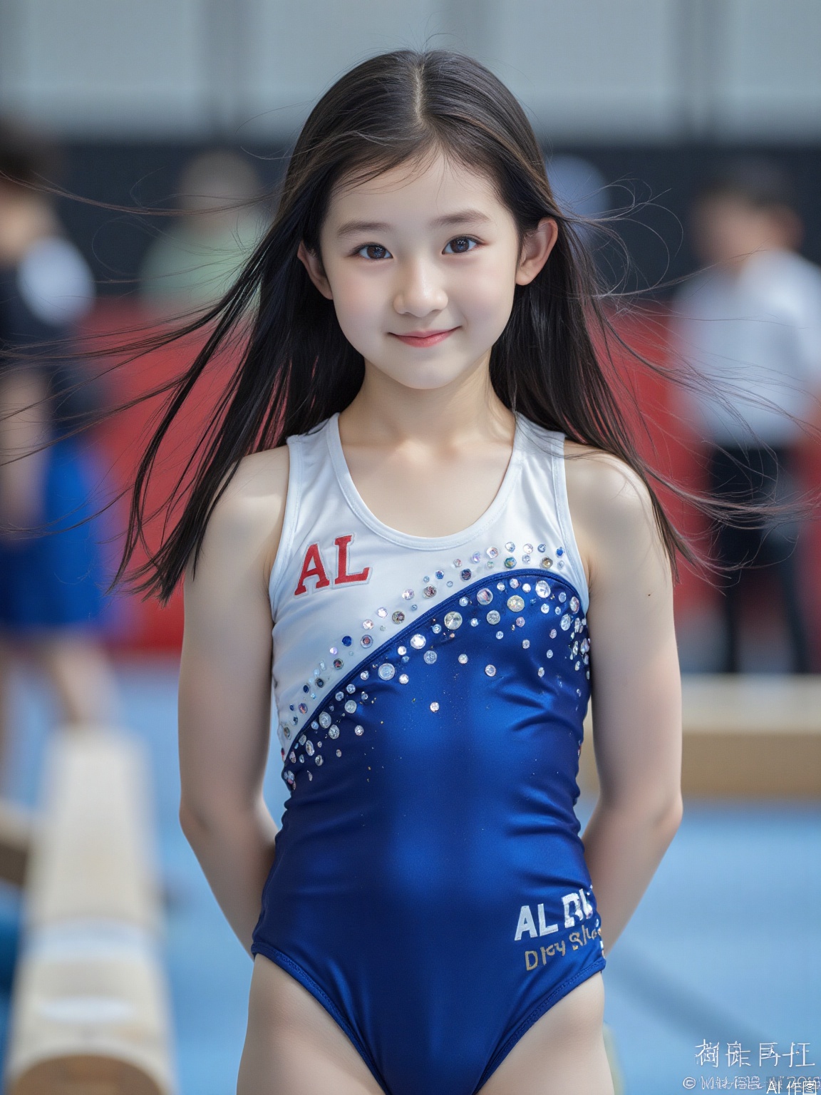 A young woman with long black hair, striking blue eyes, and distinct mixed race facial features is wearing a tight blue and white dress that tightly wraps around her plump body, adorned with shiny decorative details. Her breasts are particularly full, and her gymnastics uniform reads' Al Girls' High School '. She stood in the gymnastics hall, with a balance beam visible in the foreground, and other people in the background were slightly unclear. Aperture of f/2.8 is used for shallow depth of field to highlight the subject, shutter speed of 1/250s is used for capturing moments, ISO 400 is used for optimal indoor lighting balance, 85mm focal length is used for ideal portrait perspective, and a fixed focus lens is used for sharpness. In aperture priority mode, automatic white balance is used to adapt to indoor lighting, with a single point focusing on the subject's face