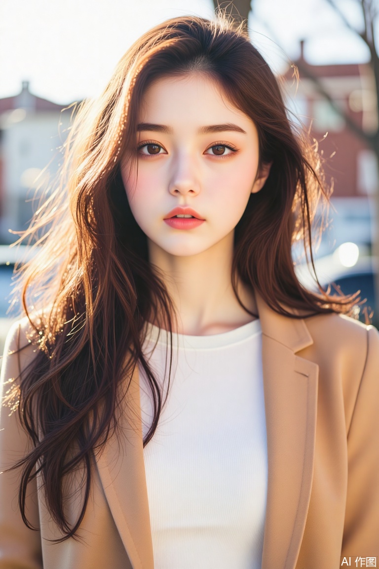 1girl, solo, long hair, looking at viewer, brown hair, shirt, brown eyes, jacket, white shirt, upper body, outdoors, parted lips, blurry, lips, coat, blurry background, realistic, photo background