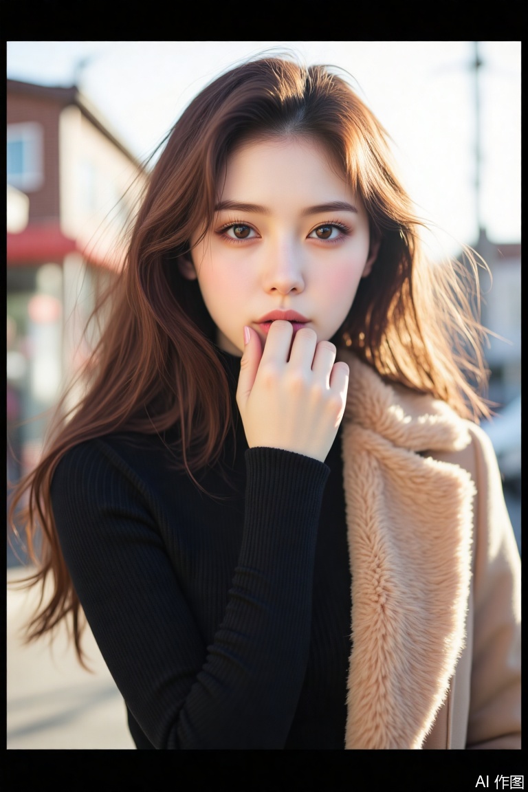 1girl, solo, long hair, looking at viewer, brown hair, long sleeves, brown eyes, upper body, outdoors, blurry, coat, blood, blurry background, border, realistic, covering mouth, hand to own mouth, hand over own mouth