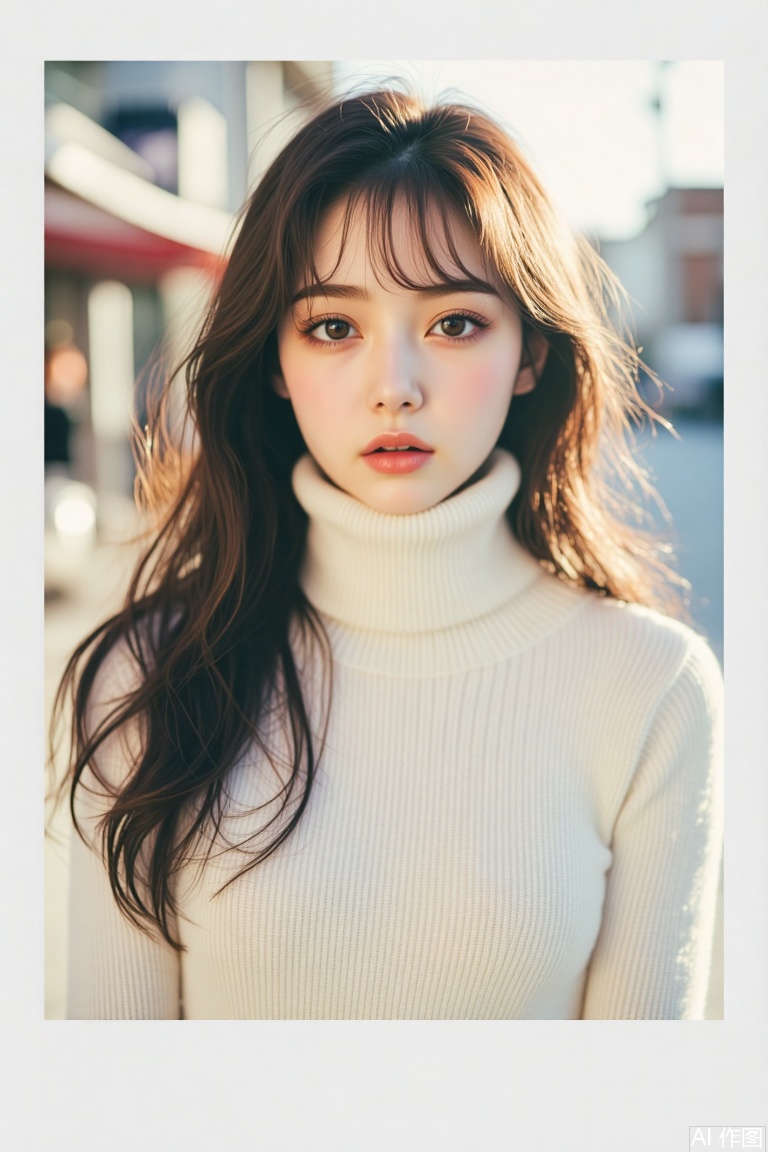 1girl, solo, long hair, looking at viewer, brown hair, brown eyes, upper body, outdoors, parted lips, blurry, sweater, lips, head tilt, blurry background, turtleneck, turtleneck sweater, realistic, white sweater