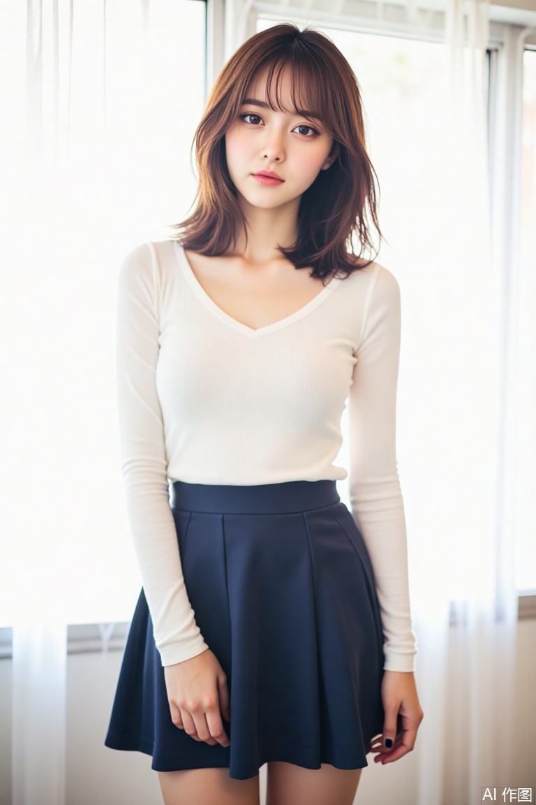 1girl, solo, long hair, looking at viewer, smile, skirt, brown hair, shirt, long sleeves, brown eyes, standing, collarbone, white shirt, pantyhose, indoors, lips, blue skirt, curtains, realistic