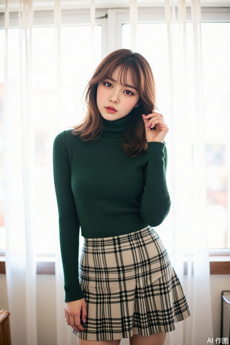 1girl, solo, long hair, looking at viewer, skirt, brown hair, long sleeves, brown eyes, standing, cowboy shot, indoors, sweater, lips, head tilt, plaid, window, plaid skirt, curtains, realistic, green shirt, green sweater