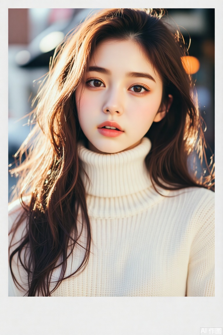 1girl, solo, long hair, looking at viewer, brown hair, brown eyes, upper body, outdoors, parted lips, blurry, sweater, lips, head tilt, blurry background, turtleneck, turtleneck sweater, realistic, white sweater