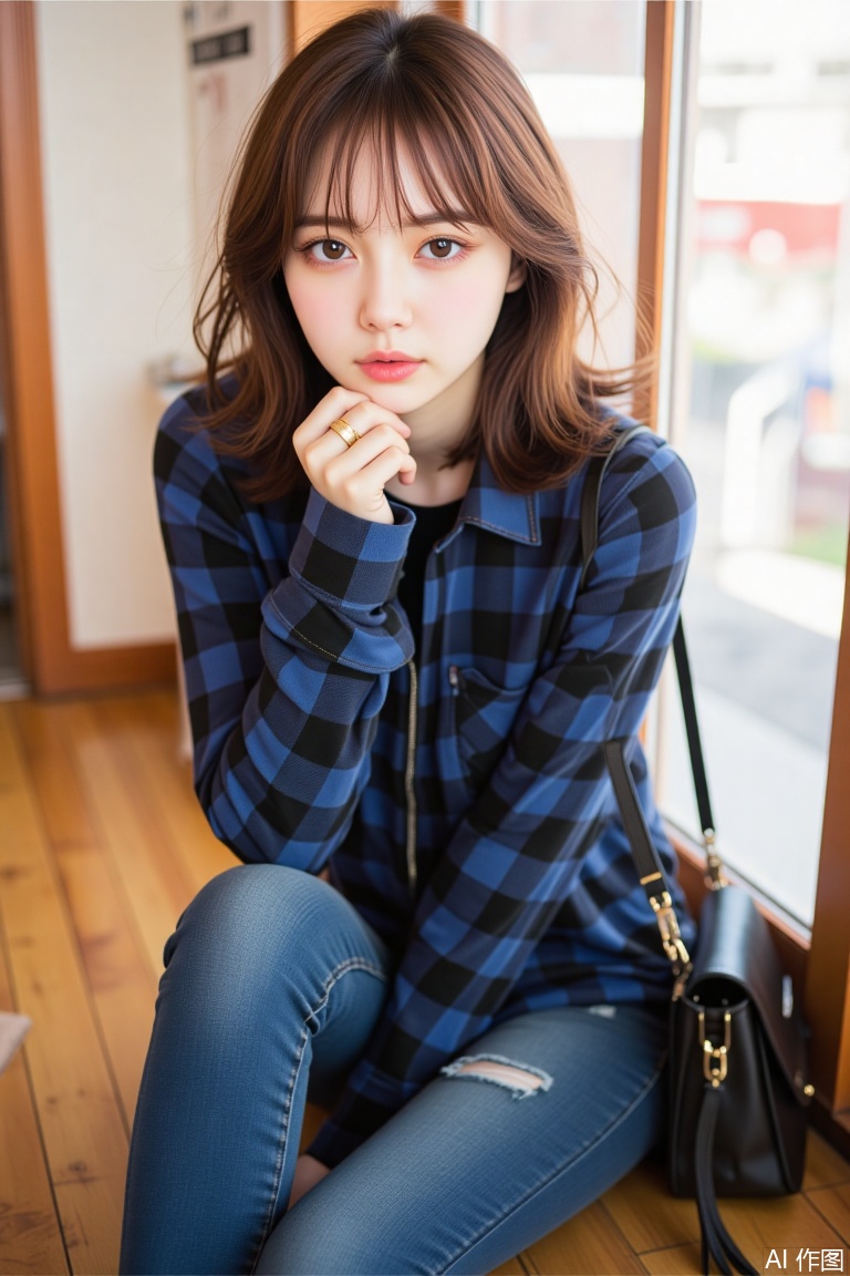 1girl, solo, long hair, looking at viewer, smile, brown hair, shirt, long sleeves, brown eyes, jewelry, sitting, full body, parted lips, pants, indoors, medium hair, bag, lips, head tilt, plaid, blue shirt, denim, jeans, wooden floor, plaid shirt, fashion