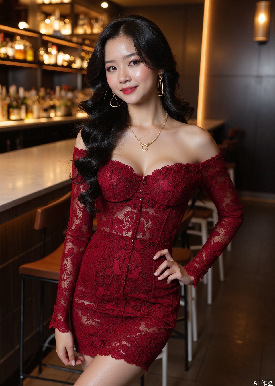 off-the-shoulder red lace dress,large natural breast,,chinese,trendy,a young woman with long,wavy black hair cascading over her shoulders,she has fair skin and a slender physique,she is wearing a long,off-the-shoulder,black lace short dress that accentuates her ample breasts and curves,the dress has long sleeves and a v-neckline,and she is accessorized with a gold hoop earring and a small gold necklace.She is looking at camera with a sweet smile.,she stands in a modern,wine bar with dim light,seems like at night. The backlight highlighting her hot figure and her glowing hair.  She is wearing a pair of white high heels,emphasizing her long legs.,the background consists of bar counter,bar chiars and lots of wine bottles,creating a serene and intimate atmosphere,and the overall ambiance is inexplicit and caliginous,with a focus on the subject's delicate features and the luxurious setting,the photograph captures a moment of quiet contemplation,emphasizing the beauty and elegance of her attire,