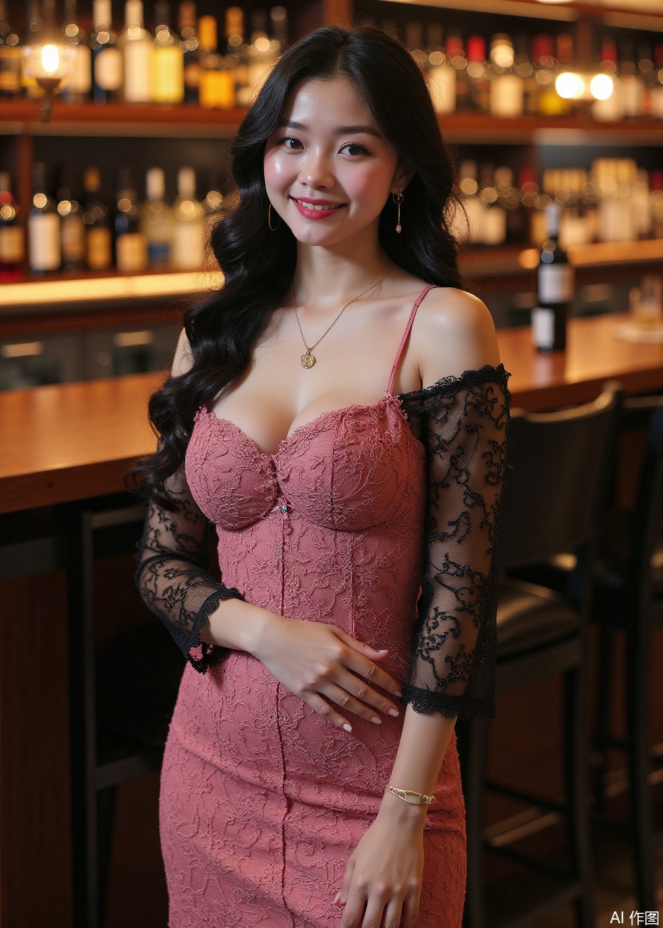 off-the-shoulder pink lace dress,large natural breast,,chinese,trendy,a young woman with long,wavy black hair cascading over her shoulders,she has fair skin and a slender physique,she is wearing a long,off-the-shoulder,black lace short dress that accentuates her ample breasts and curves,the dress has long sleeves and a v-neckline,and she is accessorized with a gold hoop earring and a small gold necklace.She is looking at camera with a sweet smile.,she stands in a modern,wine bar with dim light,seems like at night. The backlight highlighting her hot figure and her glowing hair.  She is wearing a pair of white high heels,emphasizing her long legs.,the background consists of bar counter,bar chiars and lots of wine bottles,creating a serene and intimate atmosphere,and the overall ambiance is inexplicit and caliginous,with a focus on the subject's delicate features and the luxurious setting,the photograph captures a moment of quiet contemplation,emphasizing the beauty and elegance of her attire,