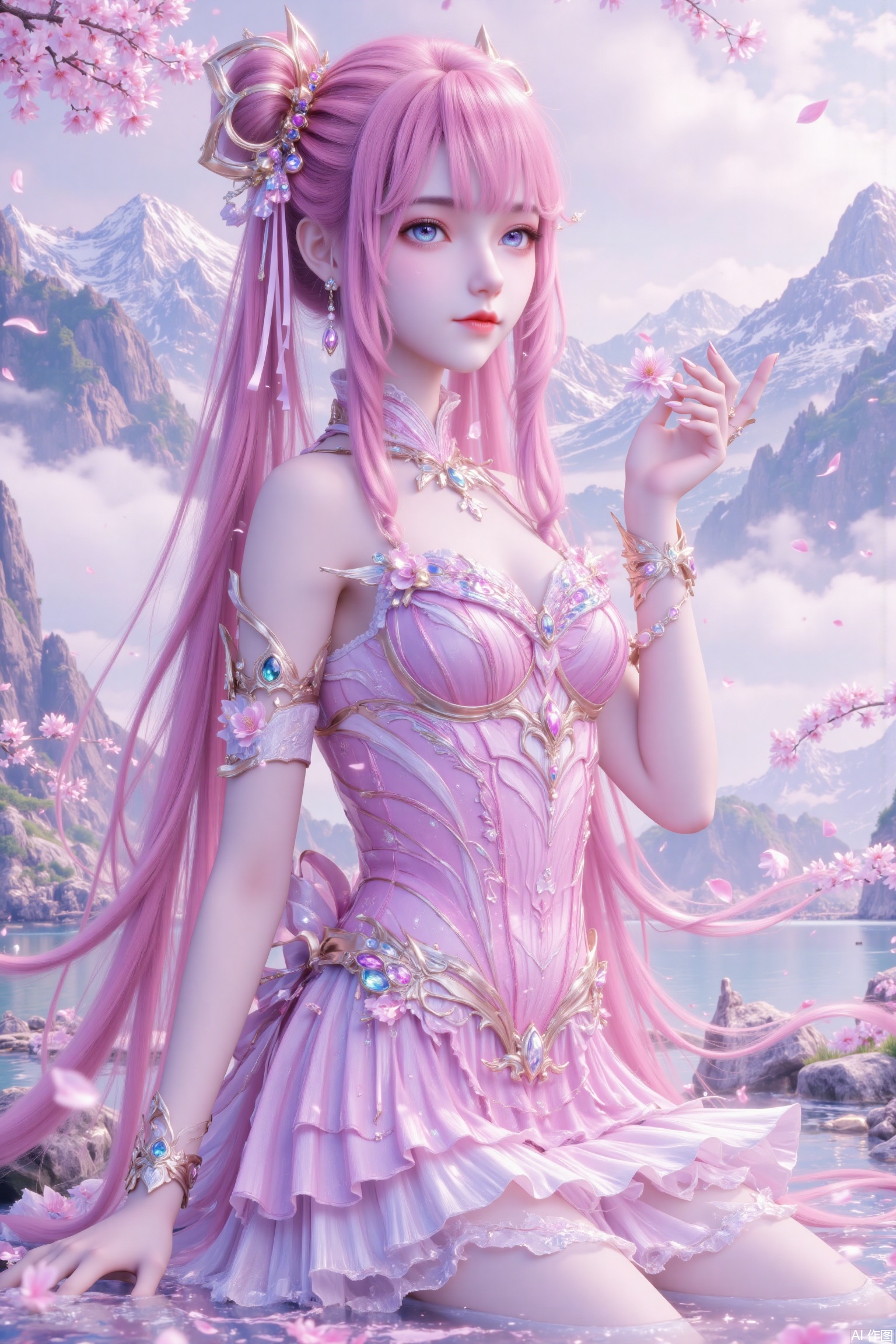 1 girl, solo, long hair, pink hair, hair accessories, dresses, blonde ornaments, water, cherry blossoms, pink skirts, white clouds, fog, mountains, rocks, wooden bridges and rivers.A girl, solo, with long hair, blue eyes, hair accessories, dress, sitting posture, pink hair, bun, double bun, pink dress, pink dress