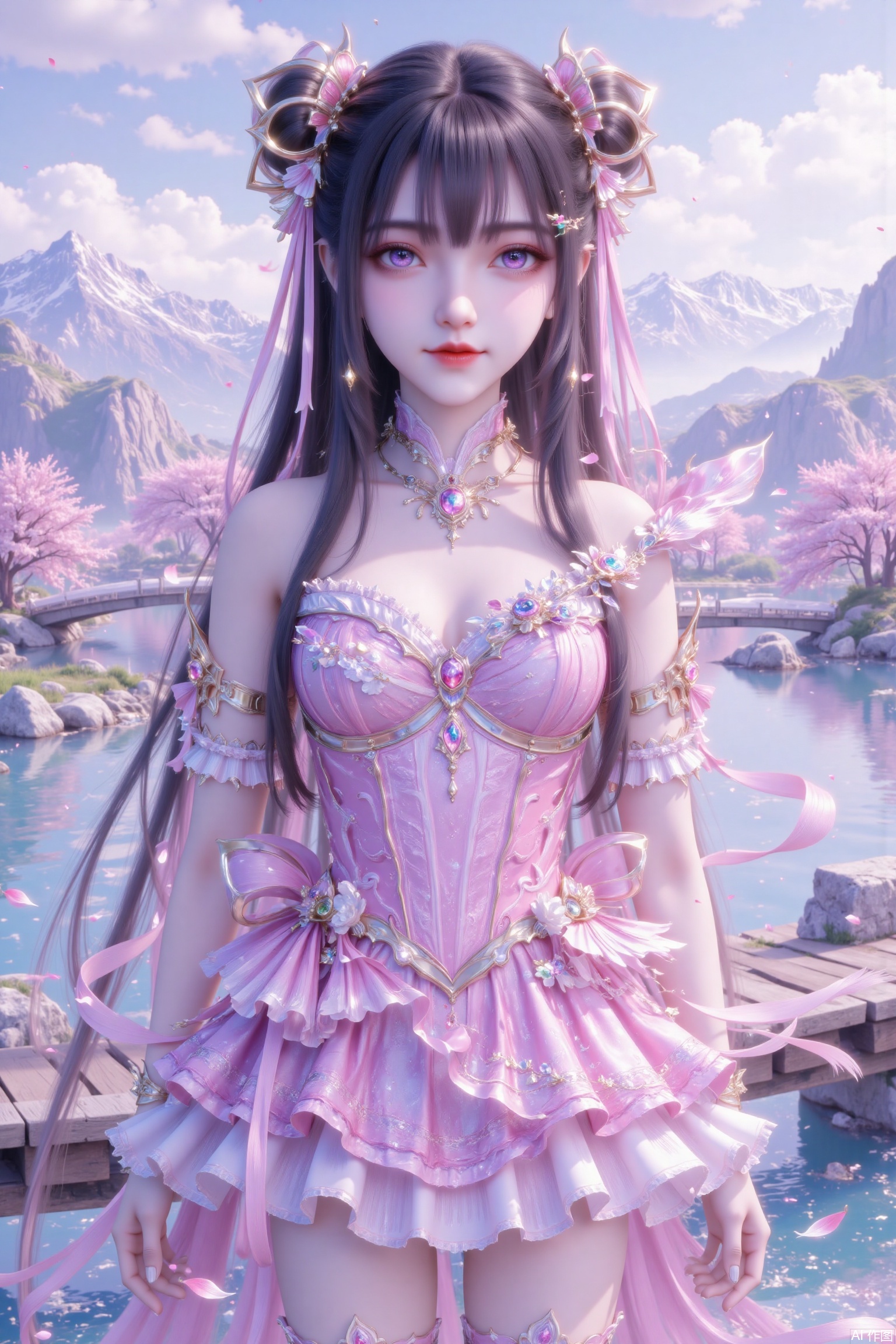 1 girl, solo, long hair, black hair, hair accessories, dresses, blonde ornaments, water, cherry blossoms, pink skirts, white clouds, fog, mountains, rocks, wooden bridges and rivers.