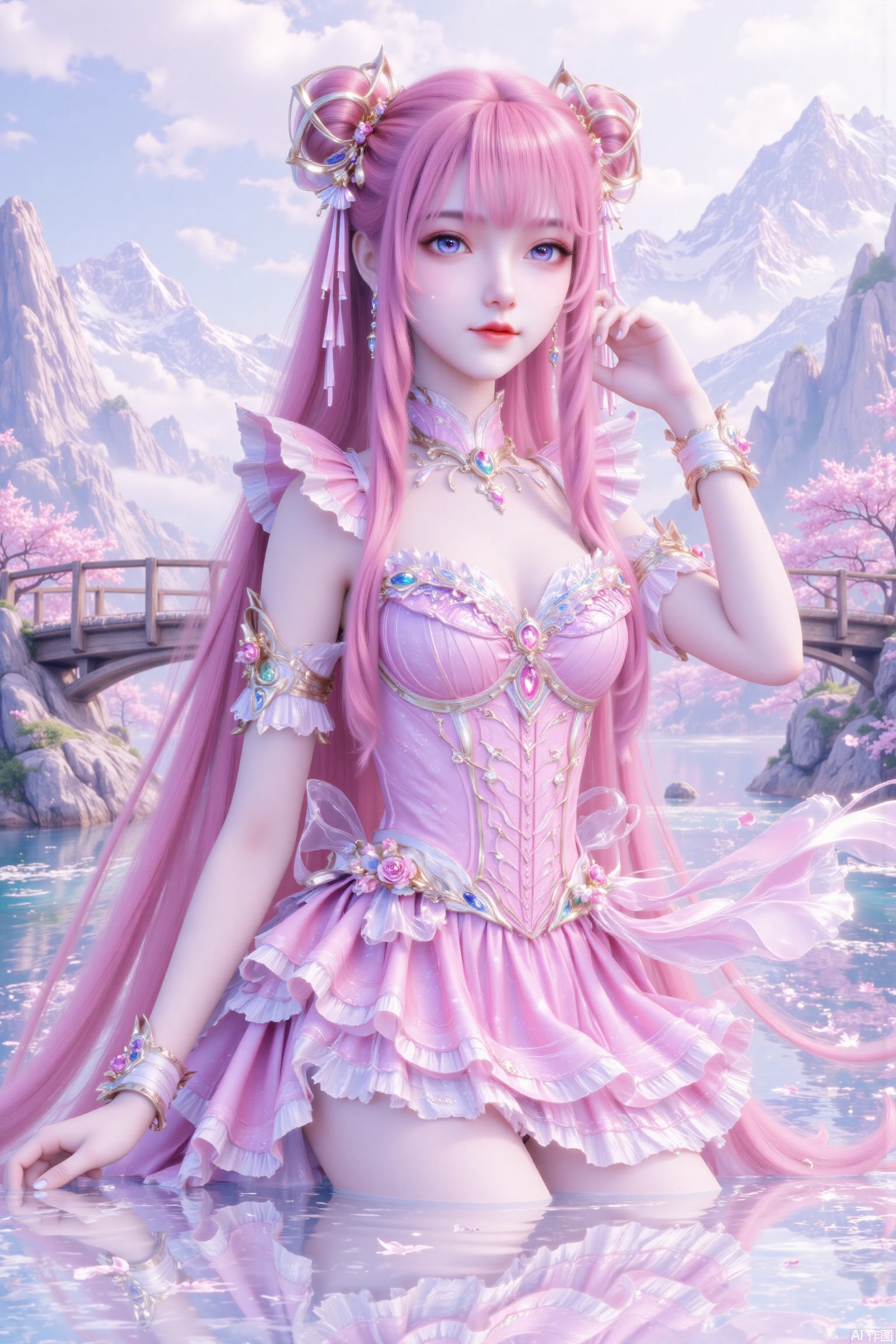 1 girl, solo, long hair, pink hair, hair accessories, dresses, blonde ornaments, water, cherry blossoms, pink skirts, white clouds, fog, mountains, rocks, wooden bridges and rivers.A girl, solo, with long hair, blue eyes, hair accessories, dress, sitting posture, pink hair, bun, double bun, pink dress, pink dress