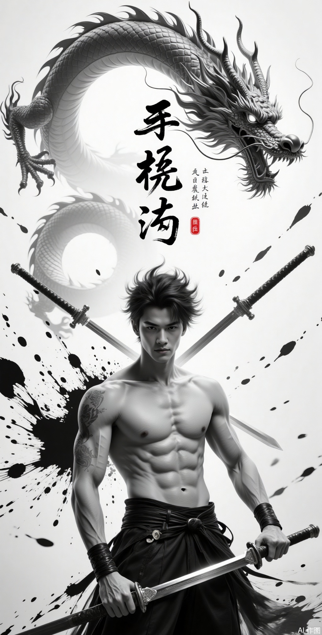 solo, short hair, 1boy, holding, monochrome, weapon, greyscale, male focus, sword, holding weapon, muscular, holding sword, abs, katana, spot color, topless male, dragon, chinese text, eastern dragon