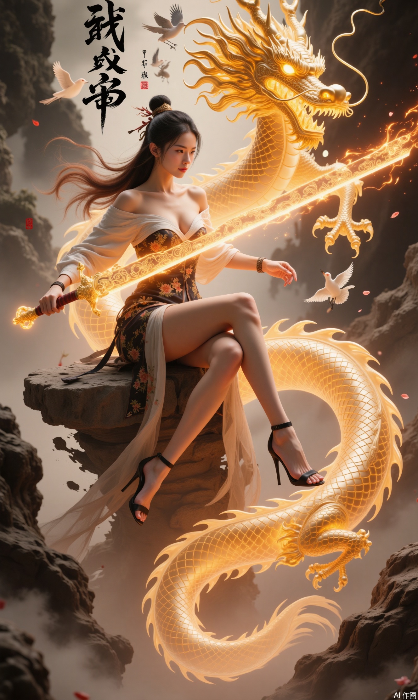 This picture depicts a beautiful beauty holding a long sword with golden flames. The sword is engraved with complex patterns. Behind her is a huge Chinese dragon. The dragon is golden and radiates golden light. There are some floating Chinese characters behind it, as well as some trees, flowers, birds, women wearing off-shoulder Hanfu, cleavage.The beautiful woman sits on a stone,Show her long legs, black high heels,