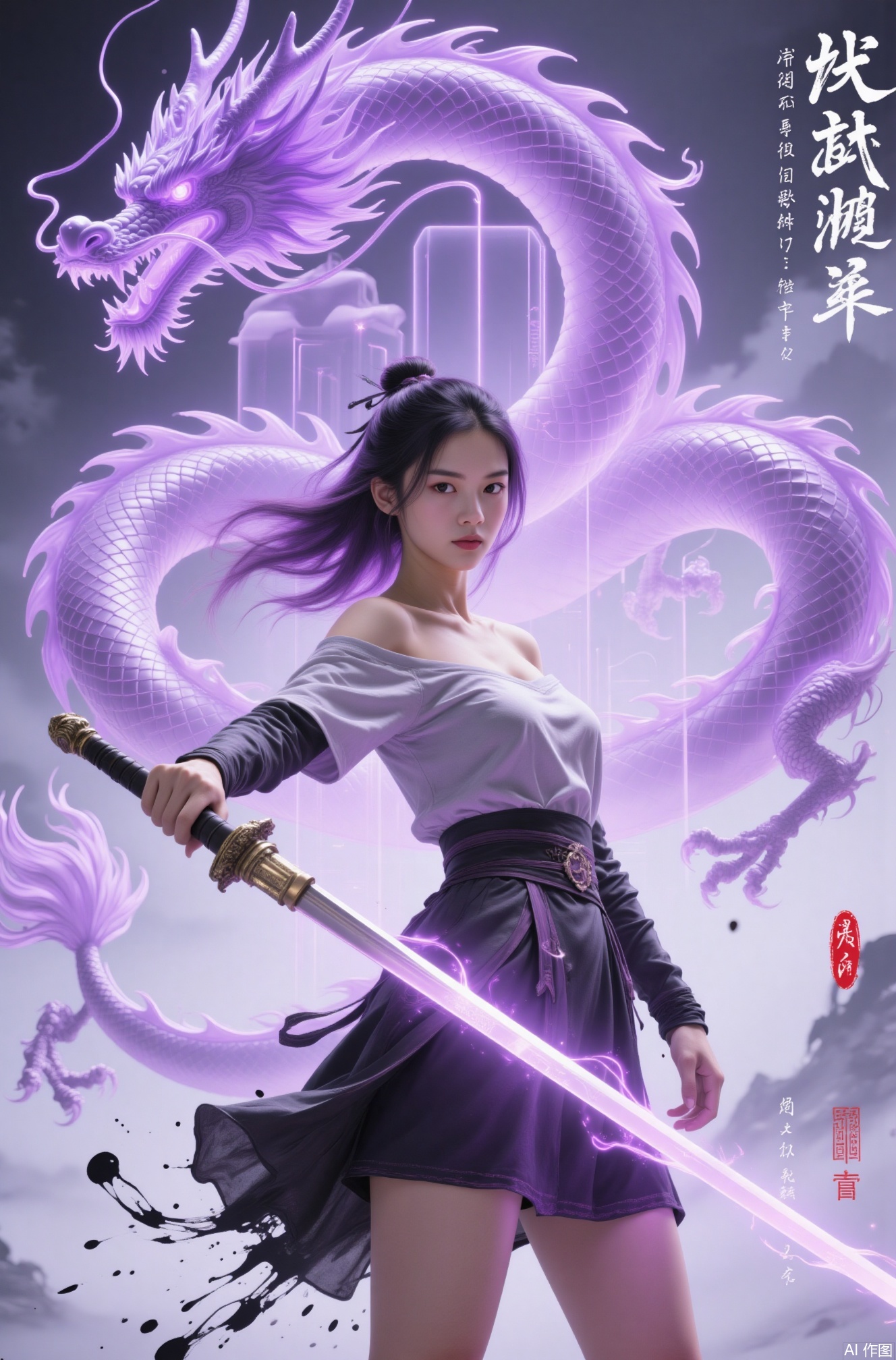 1girl, solo, long hair, breasts, looking at viewer, skirt, black hair, hair ornament, holding, cleavage, bare shoulders, standing, collarbone, weapon, purple hair, teeth, sword, off shoulder, holding weapon, blood, glowing, holding sword, dragon, glowing sword, eastern dragon