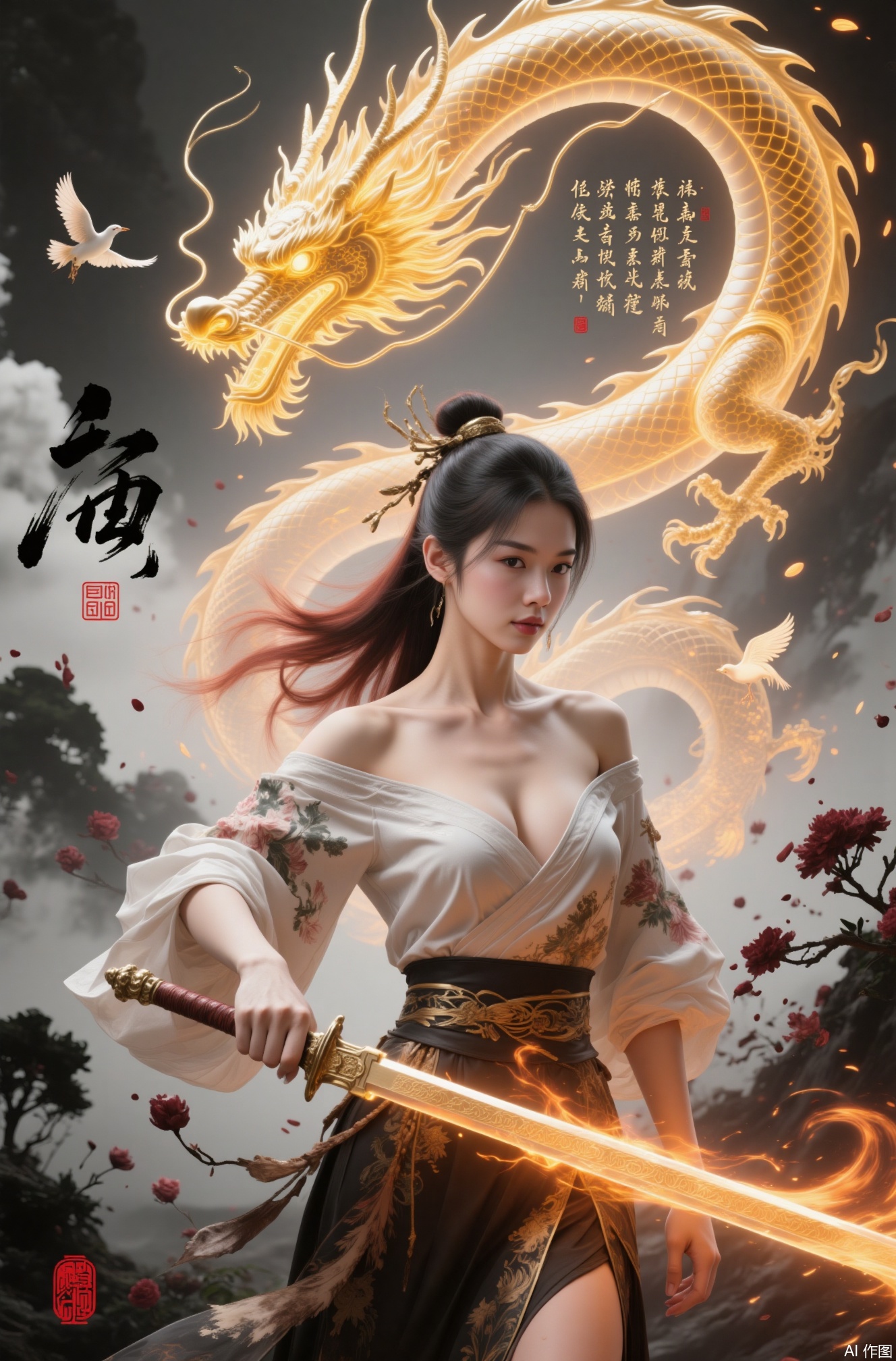 This picture depicts a beautiful beauty holding a long sword with golden flames. The sword is engraved with complex patterns. Behind her is a huge Chinese dragon. The dragon is golden and radiates golden light. There are some floating Chinese characters behind it, as well as some trees, flowers, birds, women wearing off-shoulder Hanfu, cleavage.