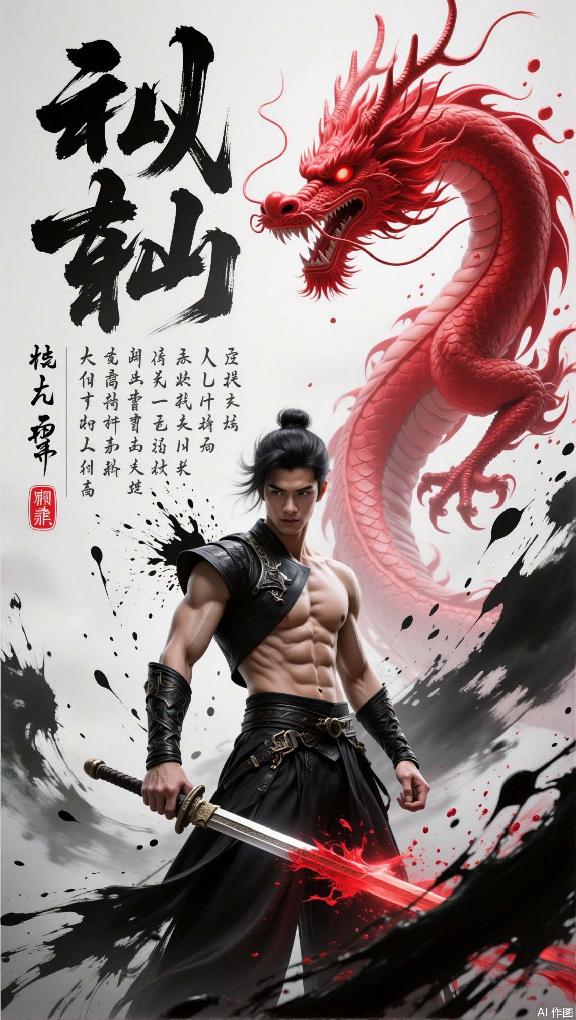 The image depicts a muscular man in a black and red outfit, wielding a sword with blood splatter. He is positioned centrally, with a fierce expression and a dynamic stance. To his right, a large red dragon with intricate scales and a fierce expression is shown, seemingly emerging from the background. The background features a blend of black and white brush strokes, creating a dramatic and intense atmosphere. The text in the image includes Chinese characters, with the largest characters prominently displayed at the top left. The smaller characters are positioned vertically on the left side of the image. The overall style of the image is highly stylized and artistic, with a focus on dramatic contrasts and vivid imagery.