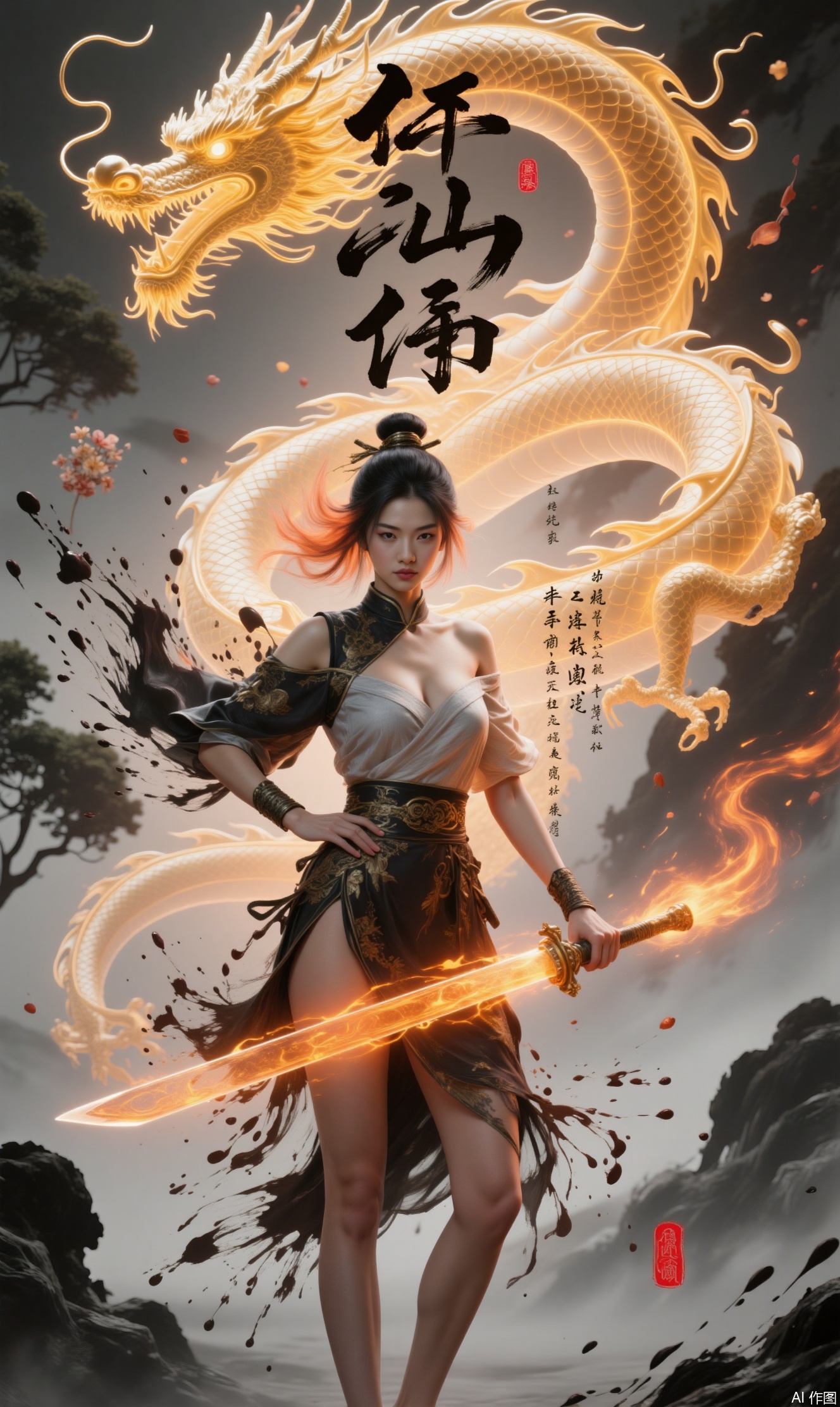 This picture depicts a beautiful beauty holding a long sword with golden flames. The sword is engraved with complex patterns. Behind her is a huge Chinese dragon. The dragon is golden and radiates golden light. There are some floating Chinese characters behind it, as well as some trees, flowers, birds, women wearing off-shoulder Hanfu, cleavage.The beautiful woman sits on a stone,Show her long legs, black high heels,
