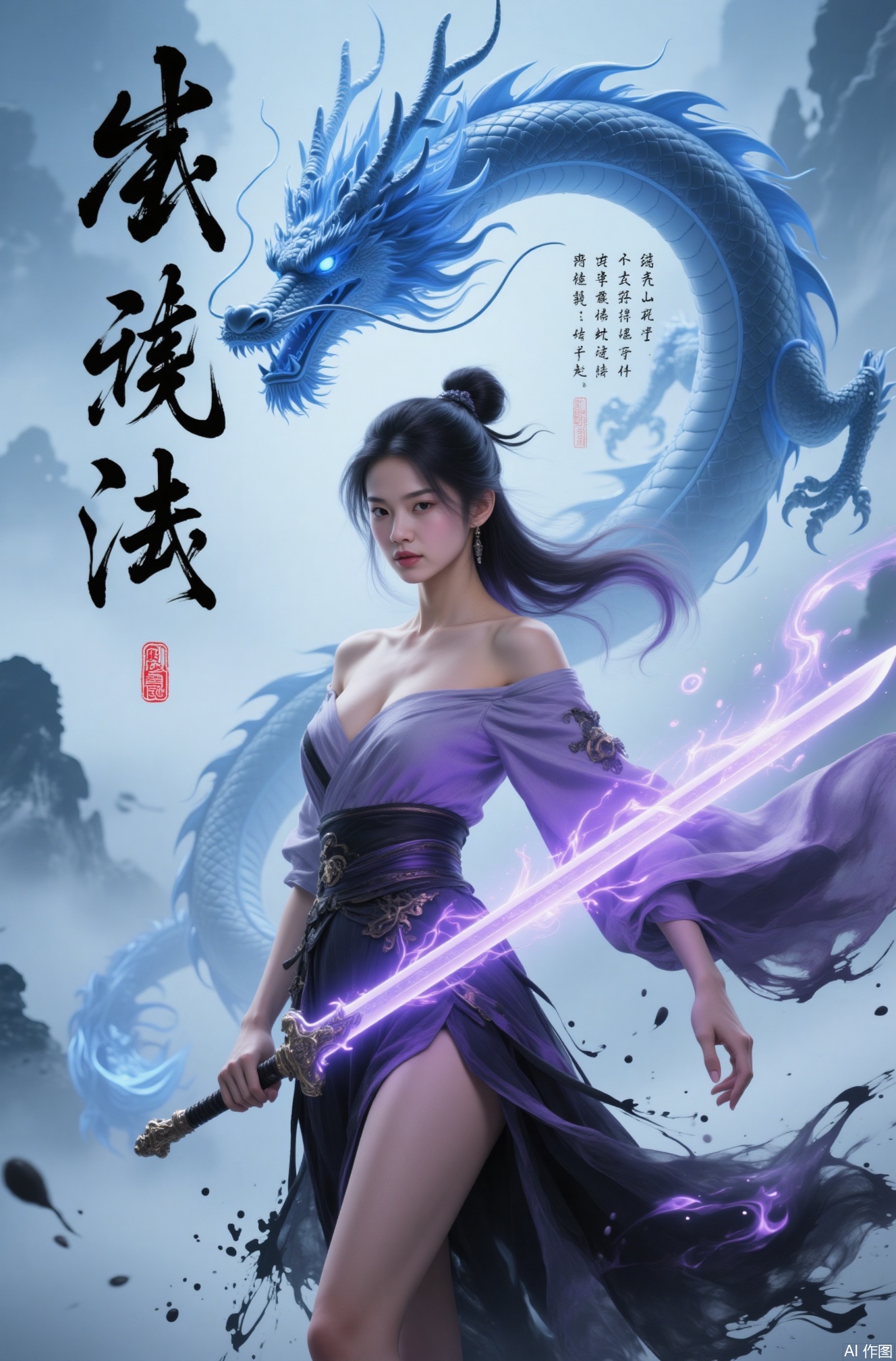The image depicts a woman standing confidently in the foreground, dressed in a flowing, off-shoulder purple and black outfit. She is holding a sword with a glowing purple blade, suggesting a magical or supernatural theme. Her hair is dark and styled, and she has a determined expression.

In the background, there is a large, majestic blue dragon, its scales detailed and its eyes fierce. The dragon is positioned behind the woman, adding a sense of power and fantasy to the scene. The background also features a misty, mountainous landscape, enhancing the mystical atmosphere.

At the top of the image, there is stylized Chinese text that reads "龙" (Dragon) and smaller characters that appear to be a title or author's name. The overall color palette is cool, with shades of blue and purple dominating the scene, contributing to the ethereal and mythical feel.