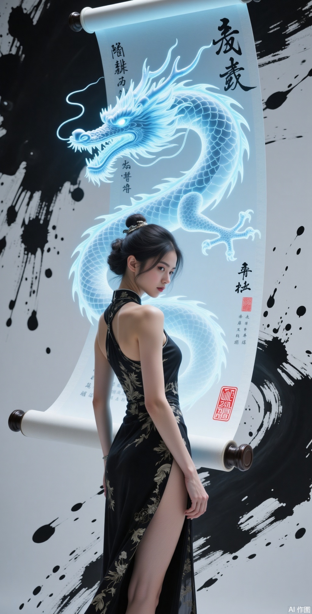 The image depicts a woman standing in front of a scroll that features a large, glowing blue dragon. The scroll is adorned with Chinese characters and red stamps. The woman is dressed in a black, elegant dress with a high slit, and her hair is styled in a traditional updo. The background consists of a black and white abstract pattern with splashes of ink, creating a dynamic and artistic atmosphere. The dragon on the scroll is intricately detailed, with its scales shimmering and its eyes glowing with an ethereal light. The overall composition blends traditional elements with a modern, fantastical twist.
