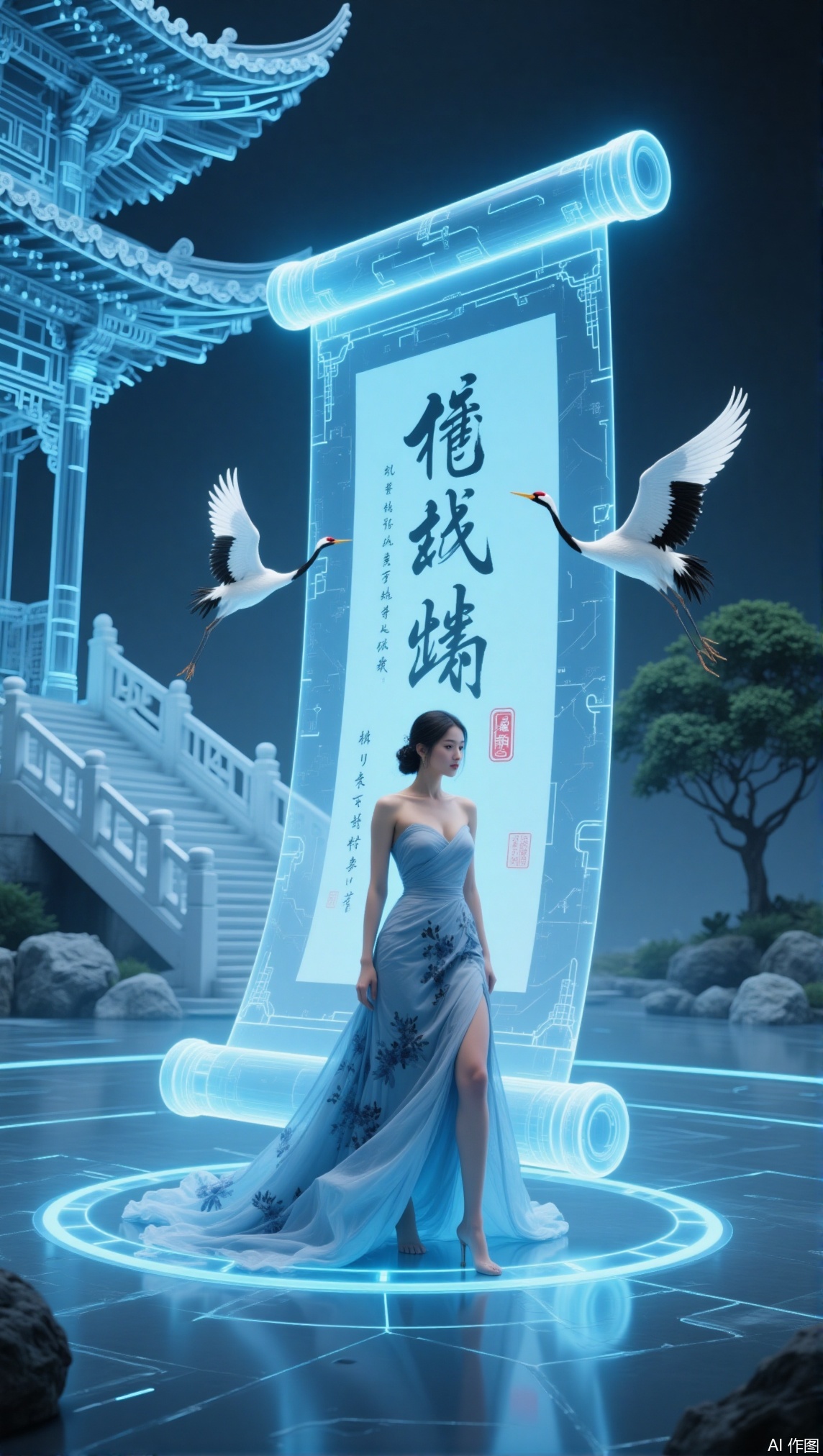 The image depicts a woman standing elegantly in a blue gown, positioned near a scroll with Chinese calligraphy. The scroll is mounted on a futuristic, glowing blue platform, and there are two white cranes flying above it. The background features a traditional East Asian architectural structure, possibly a pagoda, with intricate designs and a staircase leading up to it. The overall scene has a blend of traditional and futuristic elements, creating a visually striking composition.,shuimowx