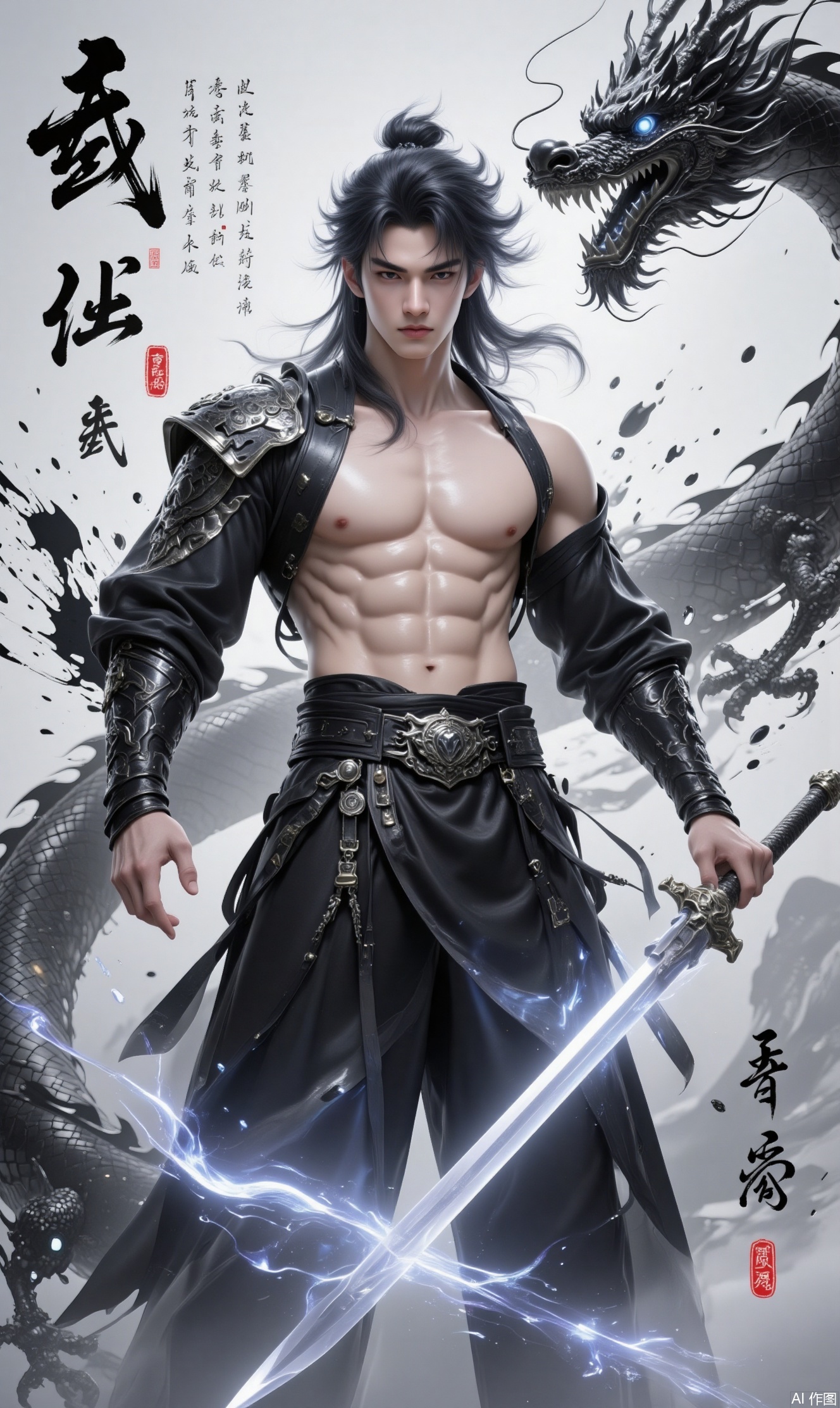 The picture depicts a man with a burly figure, abdominal muscles and a black Chinese dragon behind him, he has long black hair and a long sword in his hand