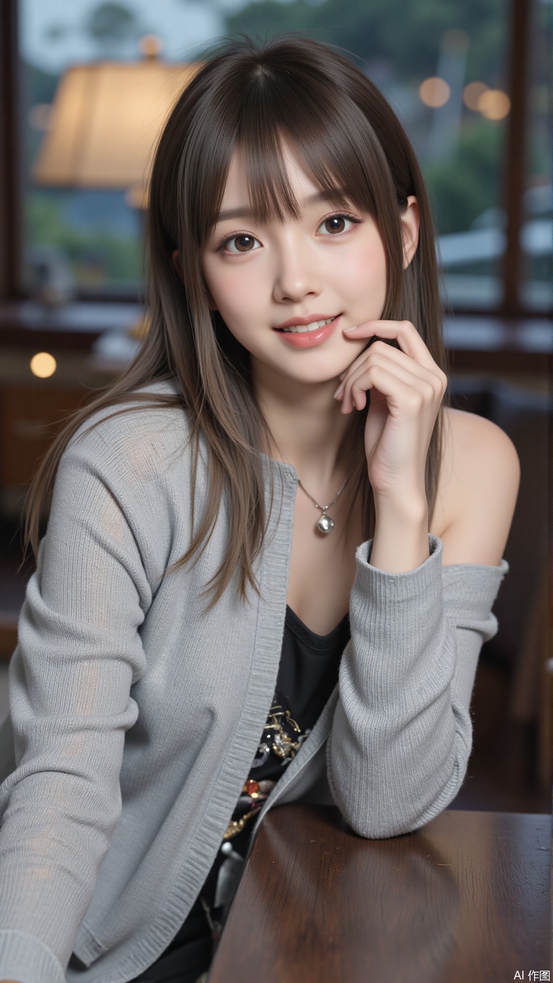 1girl, solo, long hair, looking at viewer, smile, sitting, collarbone, off shoulder, sweater, messy hair, realistic