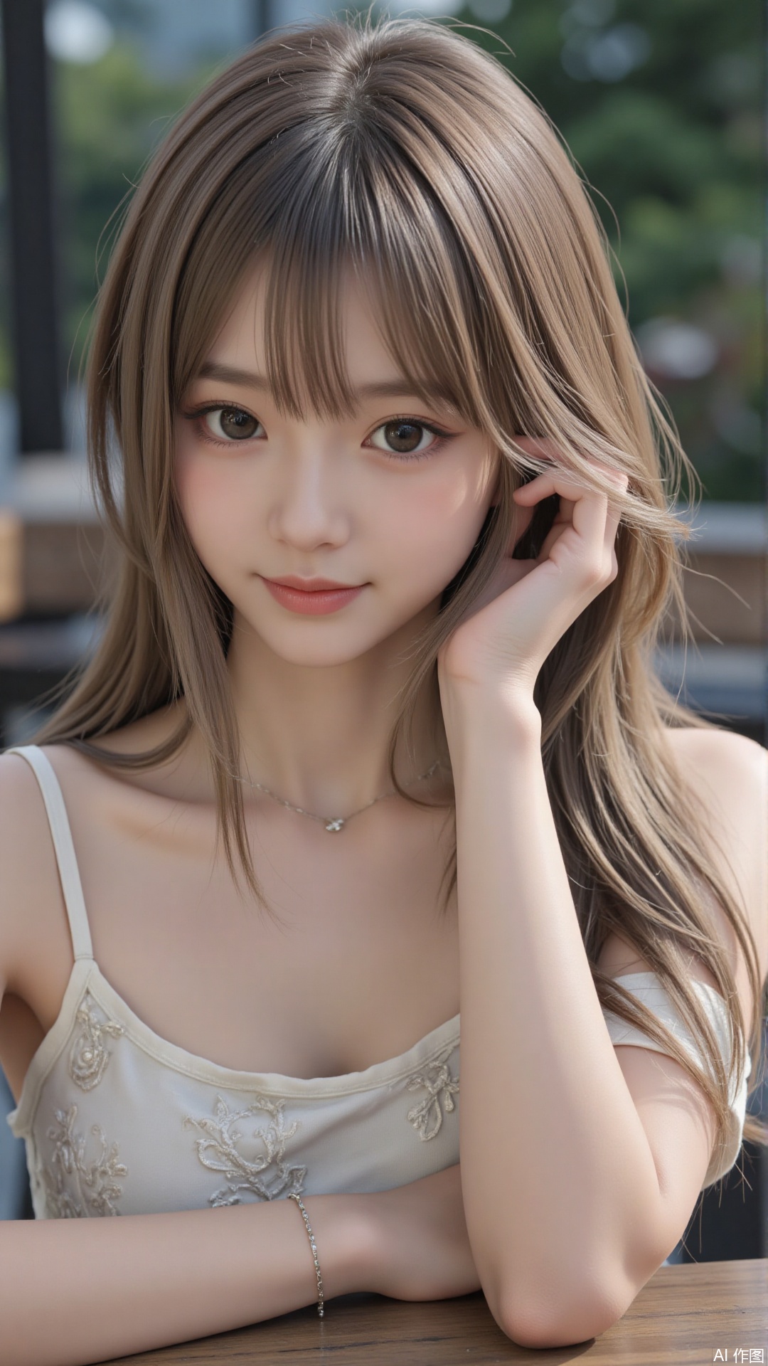 1girl, solo, long hair, looking at viewer, smile, sitting, collarbone, off shoulder, sweater, messy hair, realistic