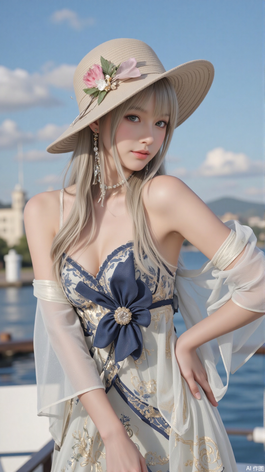 masterpiece,best quality,1girl, blue_eyes, bare shoulders, long hair, dress, ,cowboy shot
