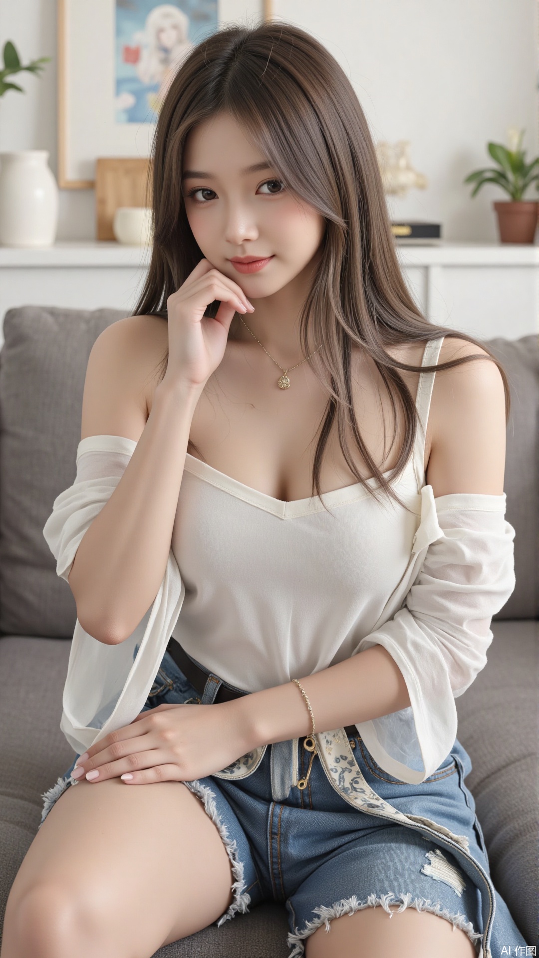 1girl, solo, long hair, looking at viewer, smile, sitting, collarbone, off shoulder, sweater, messy hair, realistic