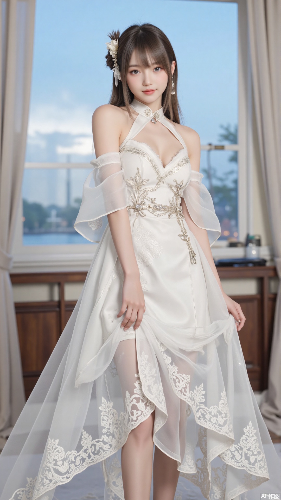 1girl, white wedding dress,looking at viewer, mischevious smile, perfect body, scenery, sharp focus, best quality, masterpiece, detailed outfit, illustration, perfect eyes, finely detailed beautiful anime eyes, realistic skin, intricate details, best lighting, depth of field, ultra high resolution, cowboy_shot, bride