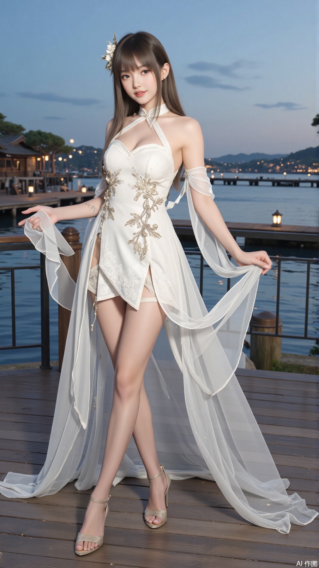1girl, white wedding dress,looking at viewer, mischevious smile, perfect body, scenery, sharp focus, best quality, masterpiece, detailed outfit, illustration, perfect eyes, finely detailed beautiful anime eyes, realistic skin, intricate details, best lighting, depth of field, ultra high resolution, cowboy_shot, bride