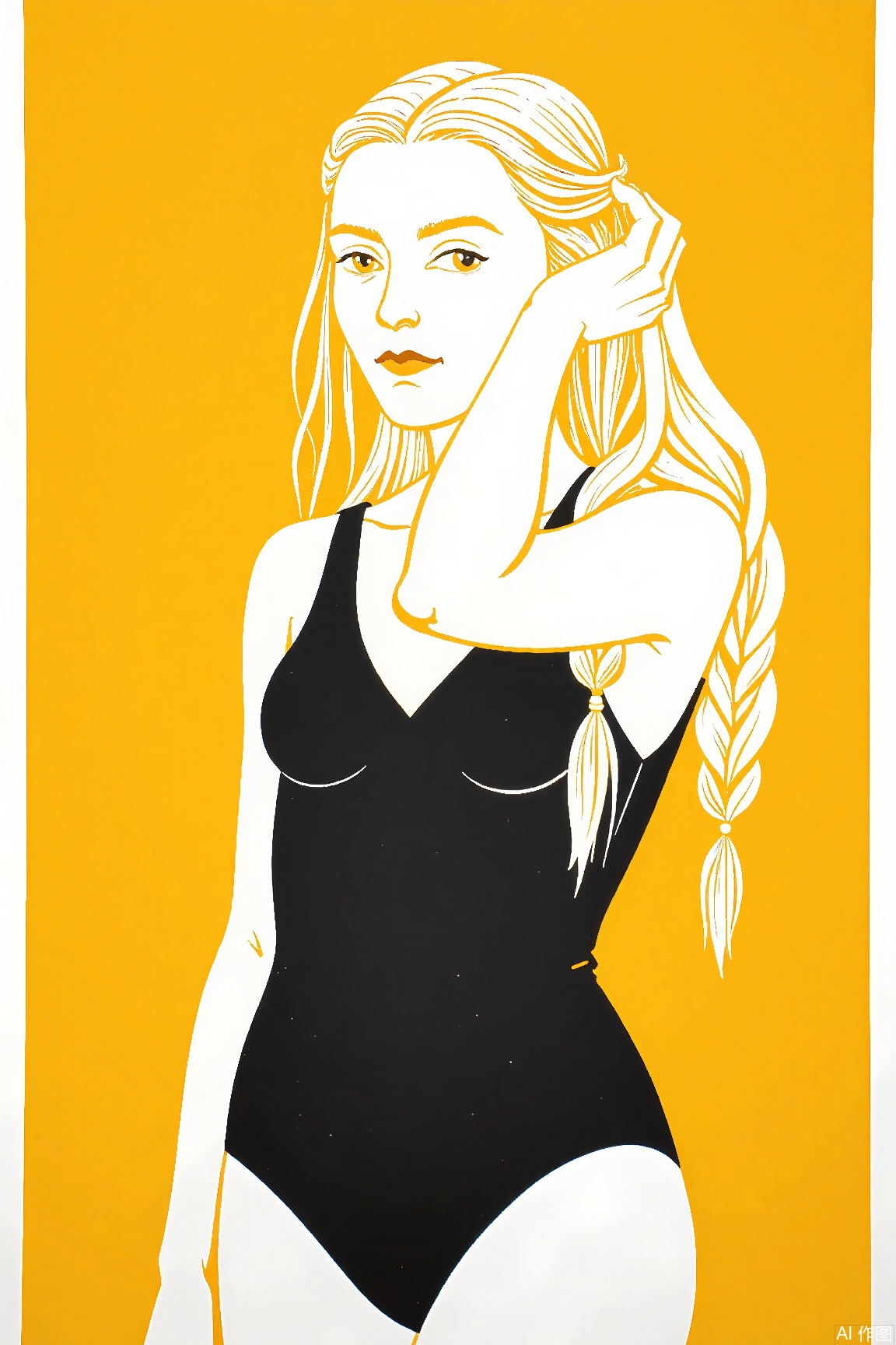 1girl, solo, yellow background, simple background, long hair, looking at viewer, leotard, white hair, braid, **** shoulders,lino print,Reduction linocut