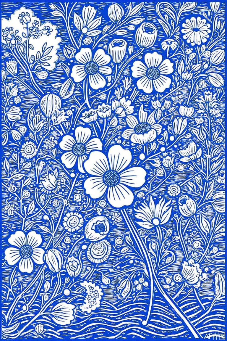 lino print, , center of image, waves, sketches, arts and crafts, many flowers, monochrome, white and blue, detailed texture, blue background, flat, complex details,