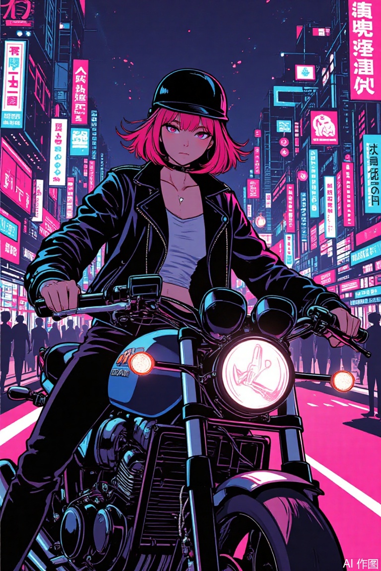 ultra-detailed, bold outline,an extremely delicate and beautiful, extremely detailed wallpaper, Full Shot, a cyberpunk girl with short pink hair and cybernetic eyes wearing a leather jacket and a helmet riding a futuristic motorcycle in a neon-lit city, cyberpunk, motorcycle, city, neon, leather jacket, best quality, masterpiece, 