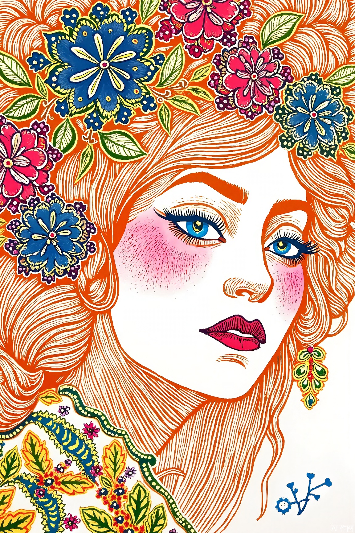 1girl,extremely detailed,beautiful face, masterpiece,top quality,best quality,official art,beautiful and aesthetic,colorful,flowers,highest detailed,shiny skin,many colors,feathers, rprint,vibrant colored watercolor drawing with ink sketch lines, lino,Reduction linocut