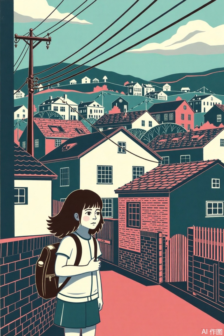 1girl, power lines, solo, cloud, sky, outdoors, black hair, backpack, cloudy sky, scenery, bag, utility pole, building, house, black eyes, looking at viewer,lino,Reduction linocut