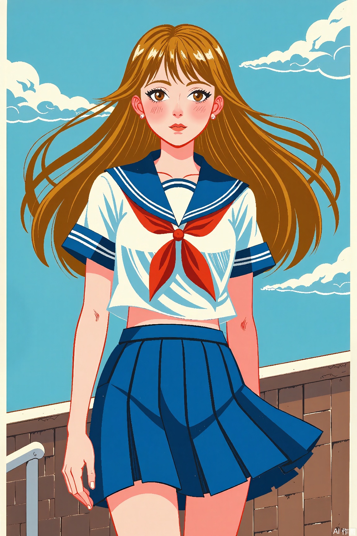full body,bold outline,1girl, solo, long hair, looking at viewer, skirt, brown hair, shirt, brown eyes, school uniform, standing, white shirt, short sleeves, pleated skirt, outdoors, parted lips, sky, teeth, serafuku, day, cloud, sailor collar, blue sky, lips, blue skirt, neckerchief, sunlight, blue sailor collar, wind, red neckerchief, midriff peek,lino,Reduction linocut