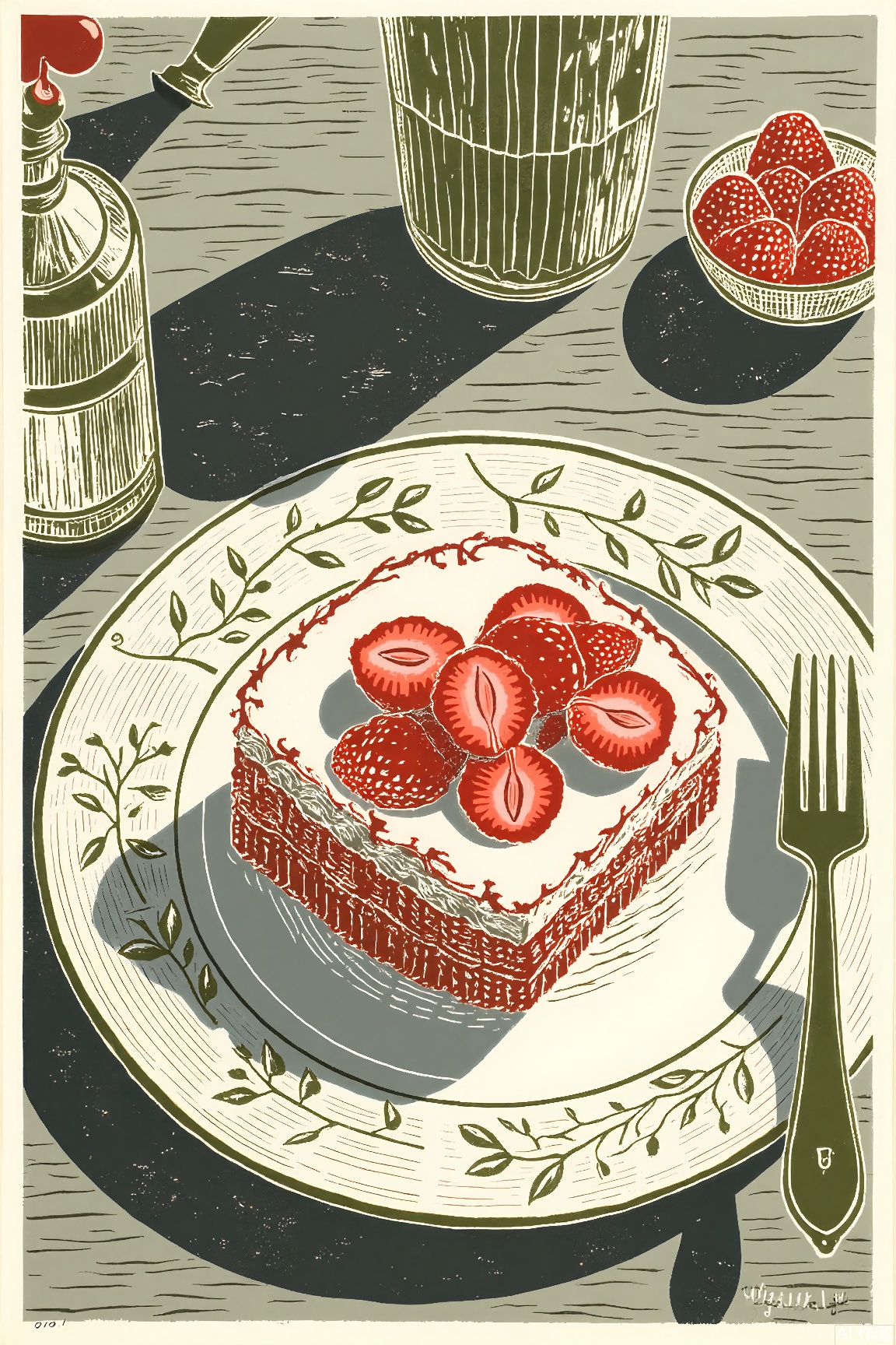 food, blurry, no humans,leaf, plate, cake, realistic, strawberry, fork, food focus, still life, dessert,lino print,Reduction linocut