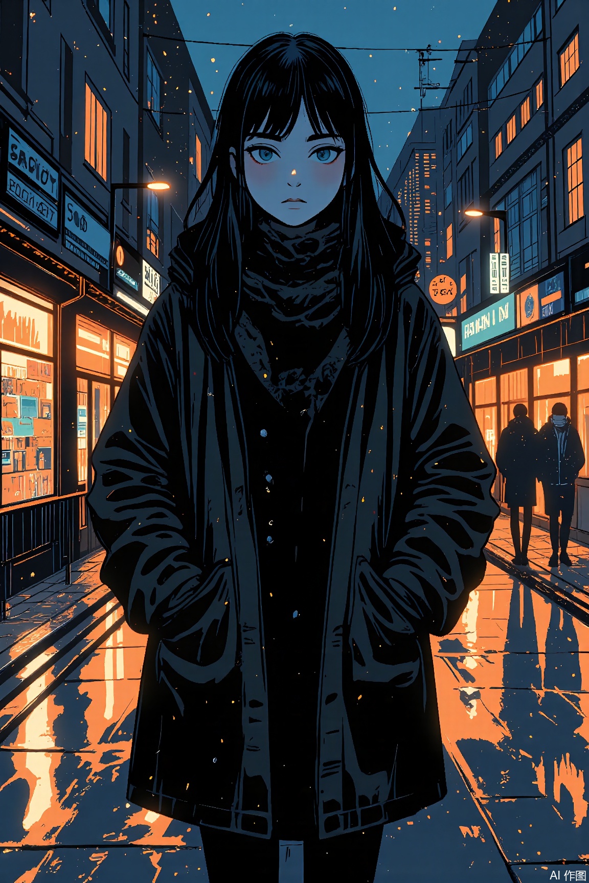 1girl,night city,rain,coat,hands in pockets,lino,