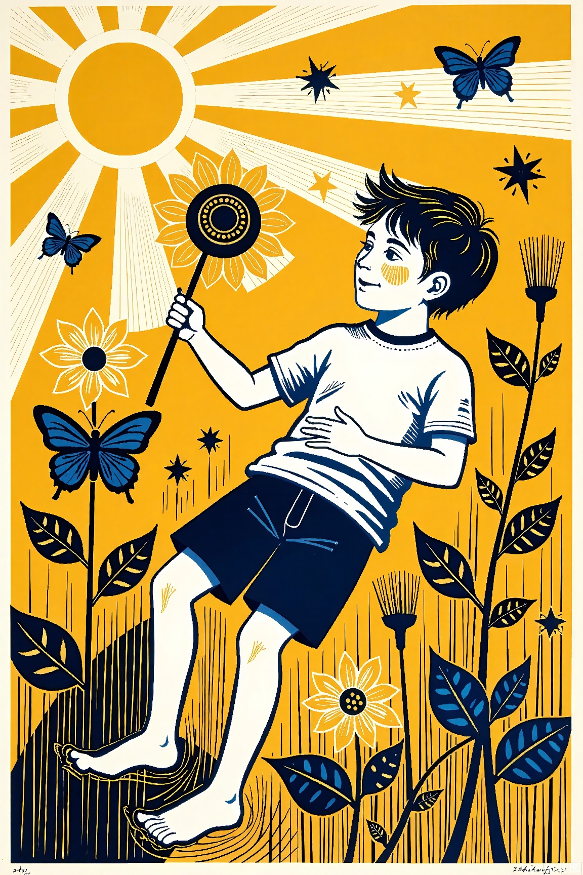 best quality, amazing quality, very aesthetic,1boy, bare_legs, barefoot, black_hair, blue_eyes, bug, butterfly, dandelion, facial_mark, field, flower, flower_field, top,ginkgo_leaf, short_hair, lying, on_back, one_eye_closed, orange_flower, smile, solo, star_\(symbol\), sunflower, yellow_flower,the sun shines on the boy,the boy held the sunflower in her hand,,butterly around,sun is behind the boy,sunshine on the hair,the boy is very happy,lino,Reduction linocut